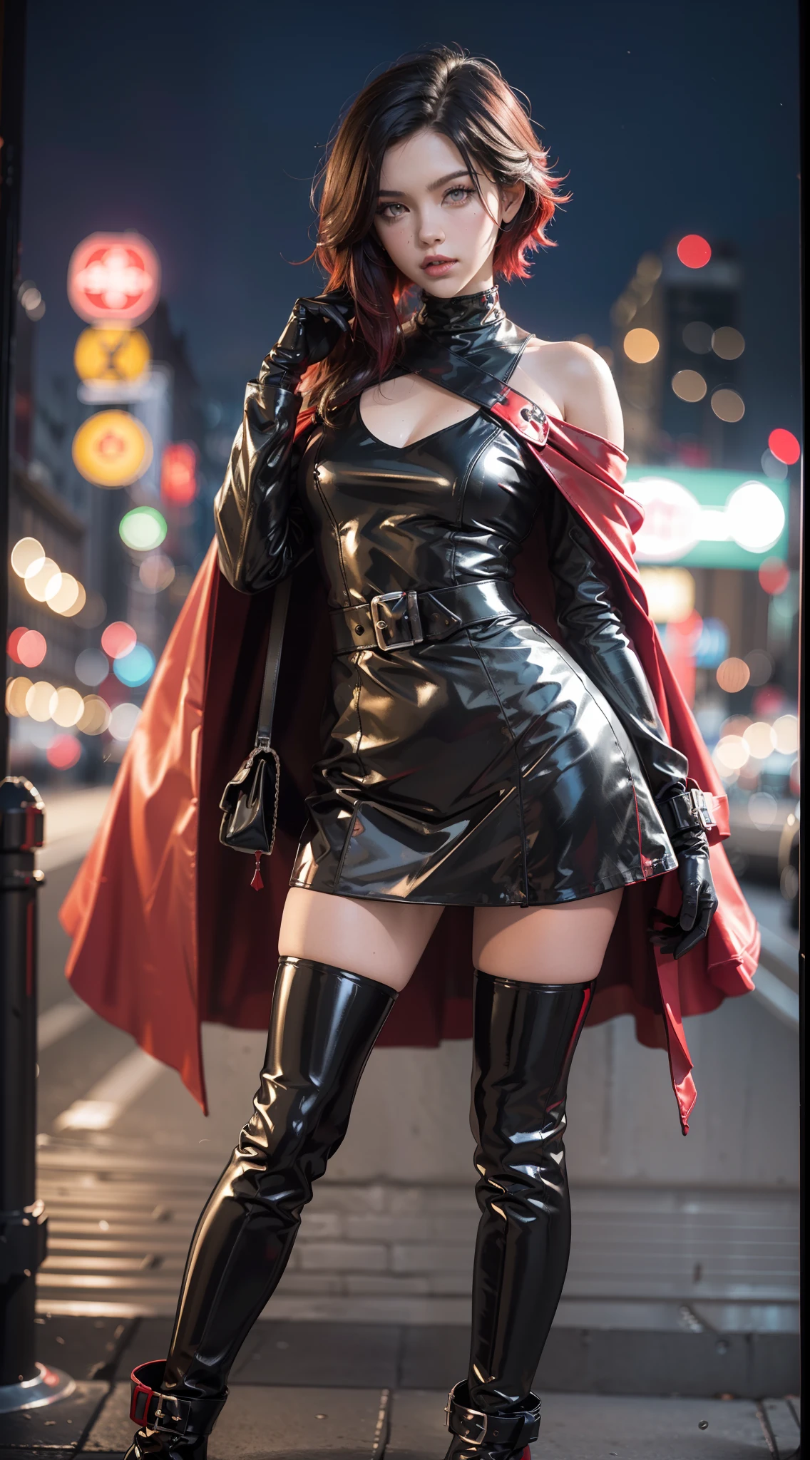 (1girll),full body shot shot，Ruby Rose, Wear latex gloves, (Black dress+Long sleeves), (Red cape), (Pantyhose:0.9), （Black shiny leather boots），Canon EOS R, Deep bokeh, 80mm lens, Night City, brooklyn bridge, Neon lights, cinematic framing.