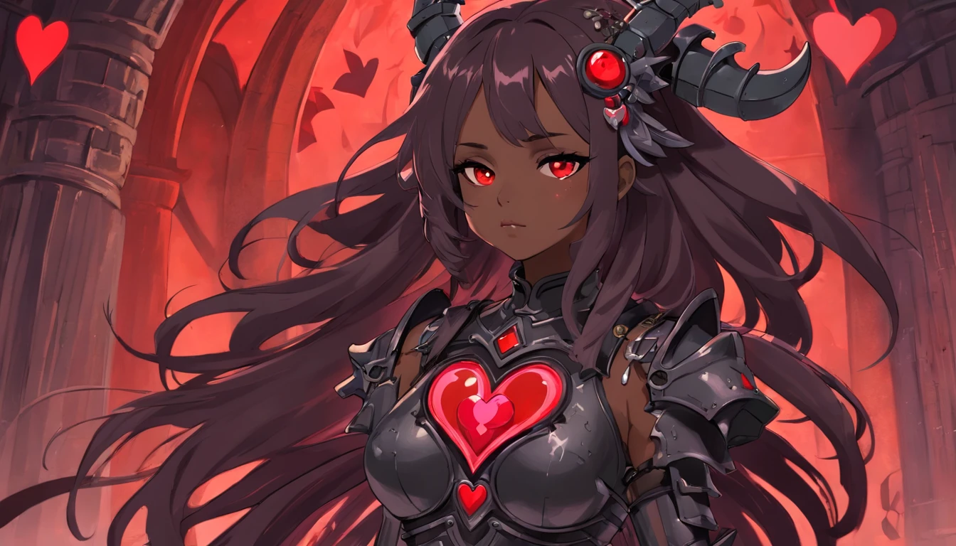 (queen power armor), (()) , (gothic style), dark skin , bellybutton, The most beautiful and sexy demon goddess, long ashy hair, glowing red eyes, wearing detailed black gothic battle armor, (tattoos and piercings), gothic castle, perfect masterpiece, high quality, high resolution, ((horror girl)), blood big armor, ((the third eye)), naked, ,FFIXBG, ((a heart on the nipple)), ram's horns