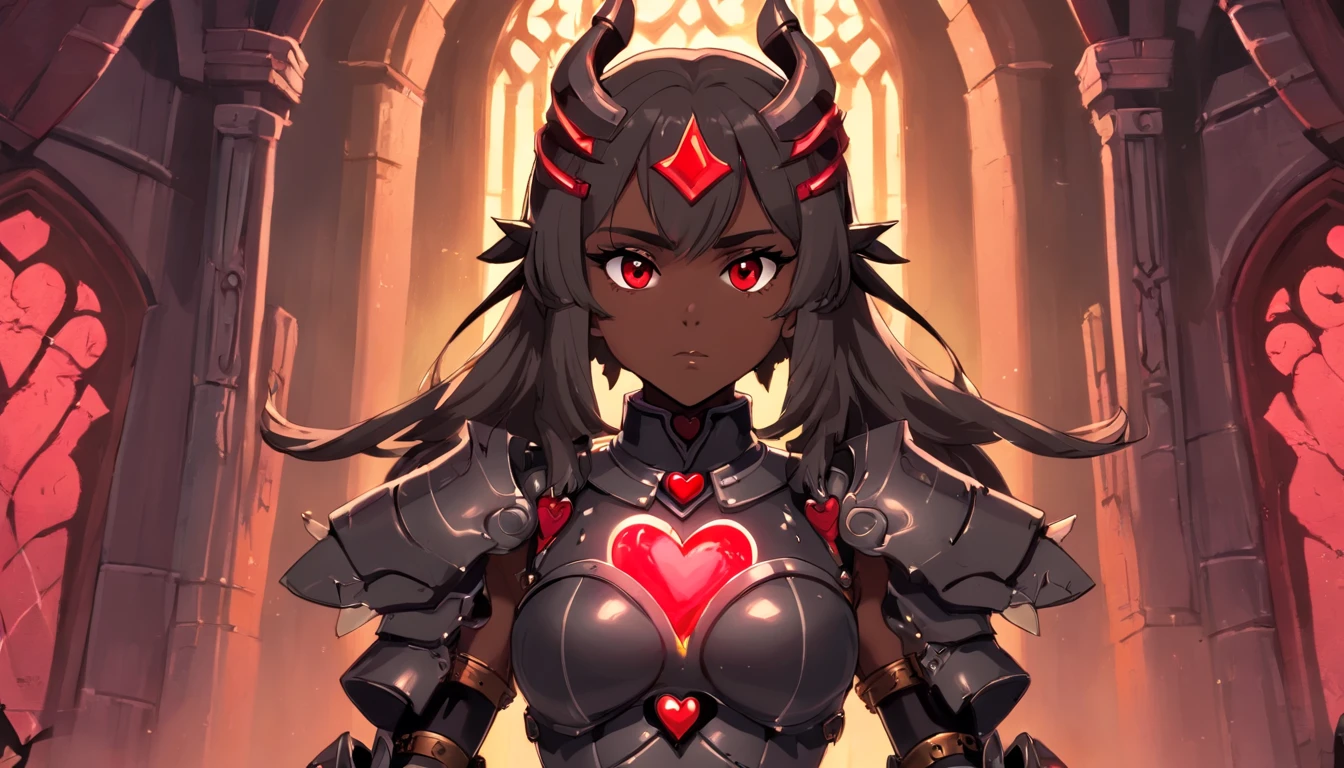 (queen power armor), (()) , (gothic style), dark skin , bellybutton, The most beautiful and sexy demon goddess, long ashy hair, glowing red eyes, wearing detailed black gothic battle armor, (tattoos and piercings), gothic castle, perfect masterpiece, high quality, high resolution, ((horror girl)), blood big armor, ((the third eye)), naked, ,FFIXBG, ((a heart on the nipple)), ram's horns