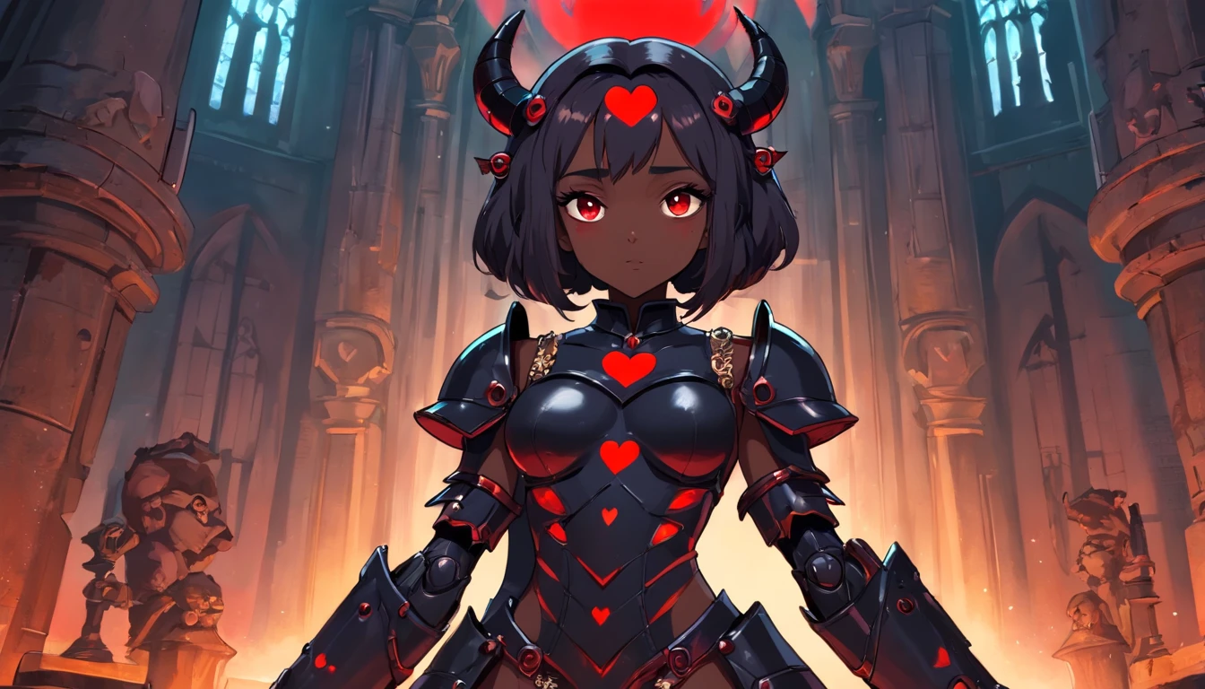 (queen power armor), (()) , (gothic style), dark skin , bellybutton, The most beautiful and sexy demon goddess, long ashy hair, glowing red eyes, wearing detailed black gothic battle armor, (tattoos and piercings), gothic castle, perfect masterpiece, high quality, high resolution, ((horror girl)), blood big armor, ((the third eye)), naked, ,FFIXBG, ((a heart on the nipple)), ram's horns
