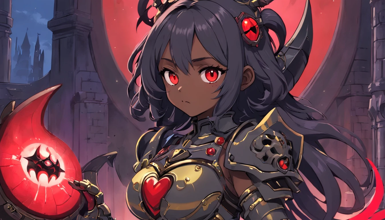(queen power armor), ((little girl)) , (gothic style), dark skin , bellybutton, The most beautiful and sexy demon goddess, long ashy hair, glowing red eyes, wearing detailed black gothic battle armor, (tattoos and piercings), gothic castle, perfect masterpiece, high quality, high resolution, ((horror girl)), blood big armor, ((the third eye)), naked, ,FFIXBG, ((a heart on the nipple)), ram's horns