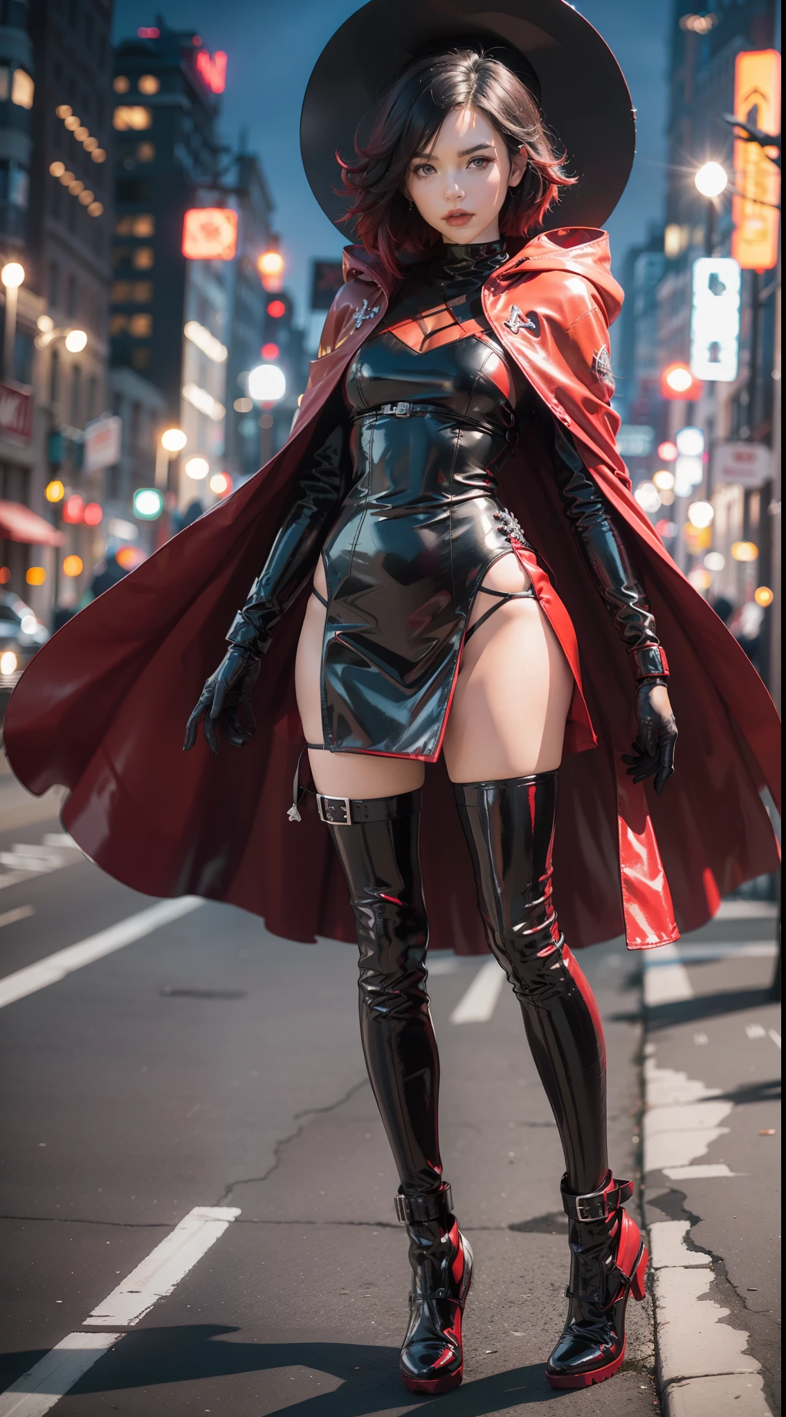 (1girll),full body shot shot，Ruby Rose, Wear latex gloves, (Black dress+Long sleeves), (Red cape), (Pantyhose:0.9), （Black shiny leather boots），Canon EOS R, Deep bokeh, 80mm lens, Night City, brooklyn bridge, Neon lights, cinematic framing.