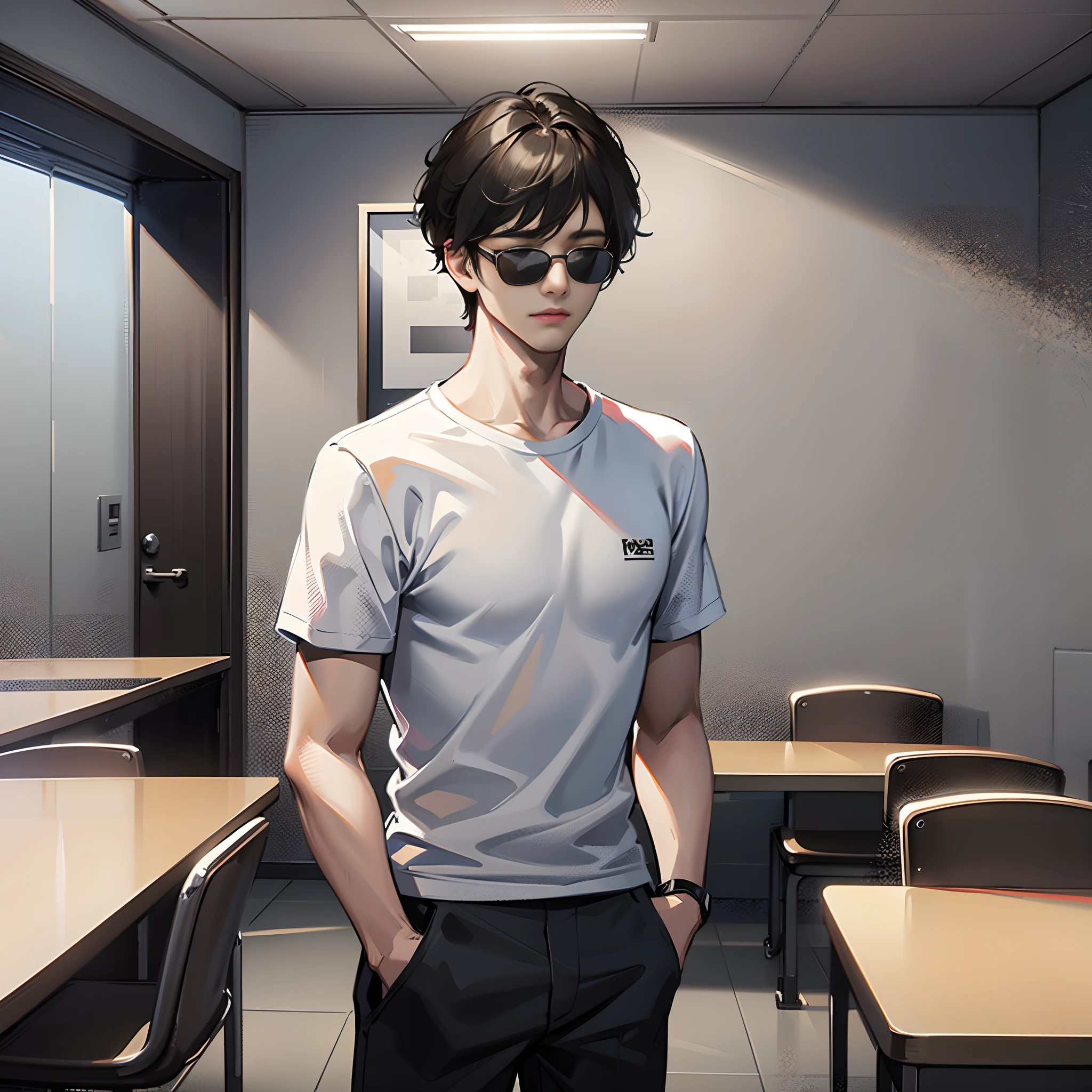 In the conference room, there is a handsome boy standing up, wearing sunglasses, eyes closed, short black hair, white T-shirt with short sleeves, super detailed, 4k, super detailed