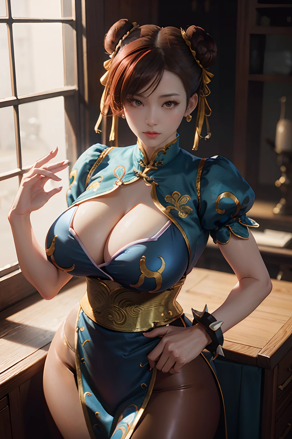 Chun-li, 40_years_old, mature looking woman, MILF, (1girl), solo:1.4, (in a blue and gold qipao_embroidered posing for a picture, cleavage, brown leggings, loincloth) portrait of chun-li, (brown_eyes, short_hair, brown_hair, double_bun), oppai, masterpiece, best quality, ultra-detailed, illustration, epic lighting, cinematic composition, red hair clip, oppai proportions, hyper-realistic anime, japanese goddess, highly detailed, cleavage, nipple outline, shiny skin, perfect body, perfect face, hyperrealistic full figure