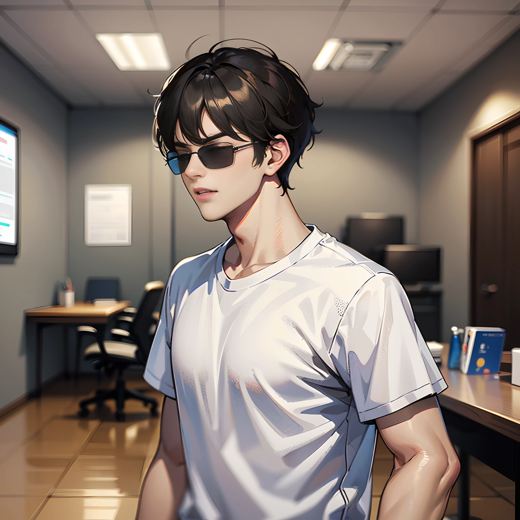 In the conference room, there is a handsome boy standing up, wearing sunglasses, eyes closed, short black hair, white T-shirt with short sleeves, super detailed, 4k, super detailed