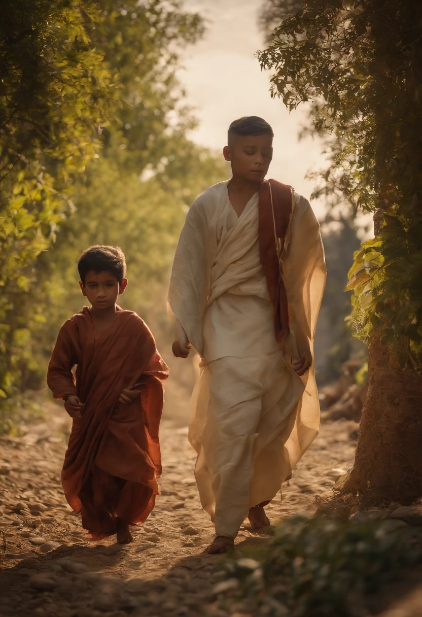 (Masterpiece),(Top Quality),(Super Detail),(Telegraph:1.2), ???, Cute, Smile, 5boys of 8yo running playing, wearing pashtun robes, silk robes, with gold adornment, Do you want to climb a tree or climb to the sky?, black hair, Photorealistic, gold tree, UHD, ultra high res, cinematic, garden background, in heaven garden, the atmosphere is magic and awe