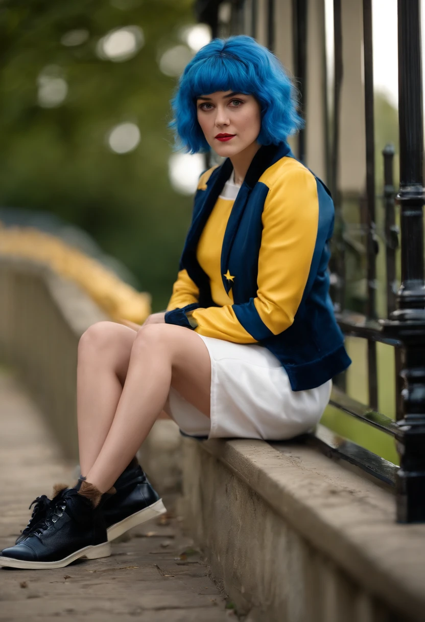 cute, Mary Elizabeth Winstead as (Ramona_flowers), blue hair, hair collected, (white wedding dress, blue & black jacket), relax, serious, (cigarette), with her elbows leaning on a railing, big eyes, (black headband with a (yellow star)), by Wes Anderson, arms, hips, thighs, night, vibrant colors