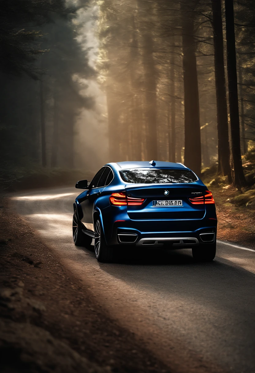 Nothing worn sports car BMW X6 Darkness Forest Track ((Masterpiece)), (8K, High_resolution), (Distinct_image), (Best Quality), (Meitantay Conan (style of), Deceptive Conan (style of), Meitantay Conan), 独奏, al