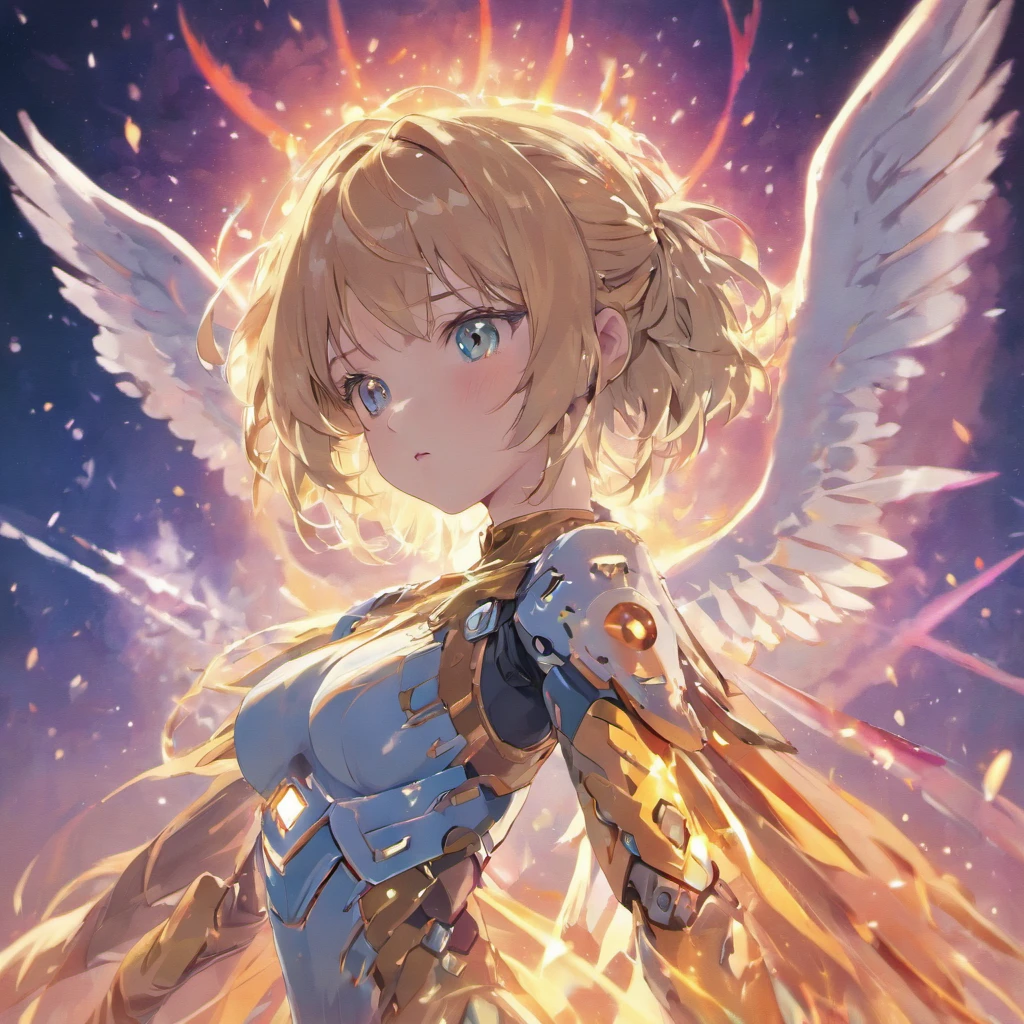 (8k,best quality, masterpiece:1.2),physically-based rendering,tyndall effect,surface reflection,metallic luster,looking at viewer,Close-Up, (Mecha:1.1),full body,solo,glowing,armor,large wings,planet,fire,Universe,scientific discoveries,pastel colors,scifi,space,moon, kawaiitech,pastel colors,kawaii,cute colors,scifi,