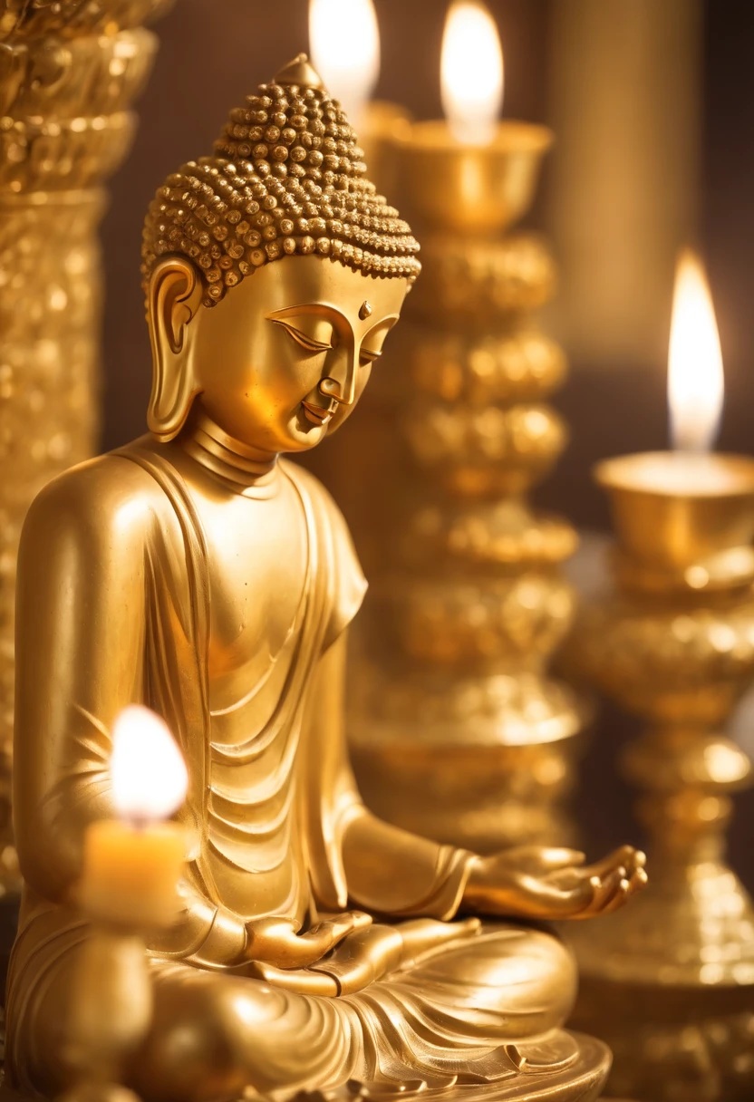 Siddhartha Buddha's golden sculpture in a tample, Offered with candles, long shot, hyper realistic, hyper detailed, masterpiece, photorealistic,8k.
