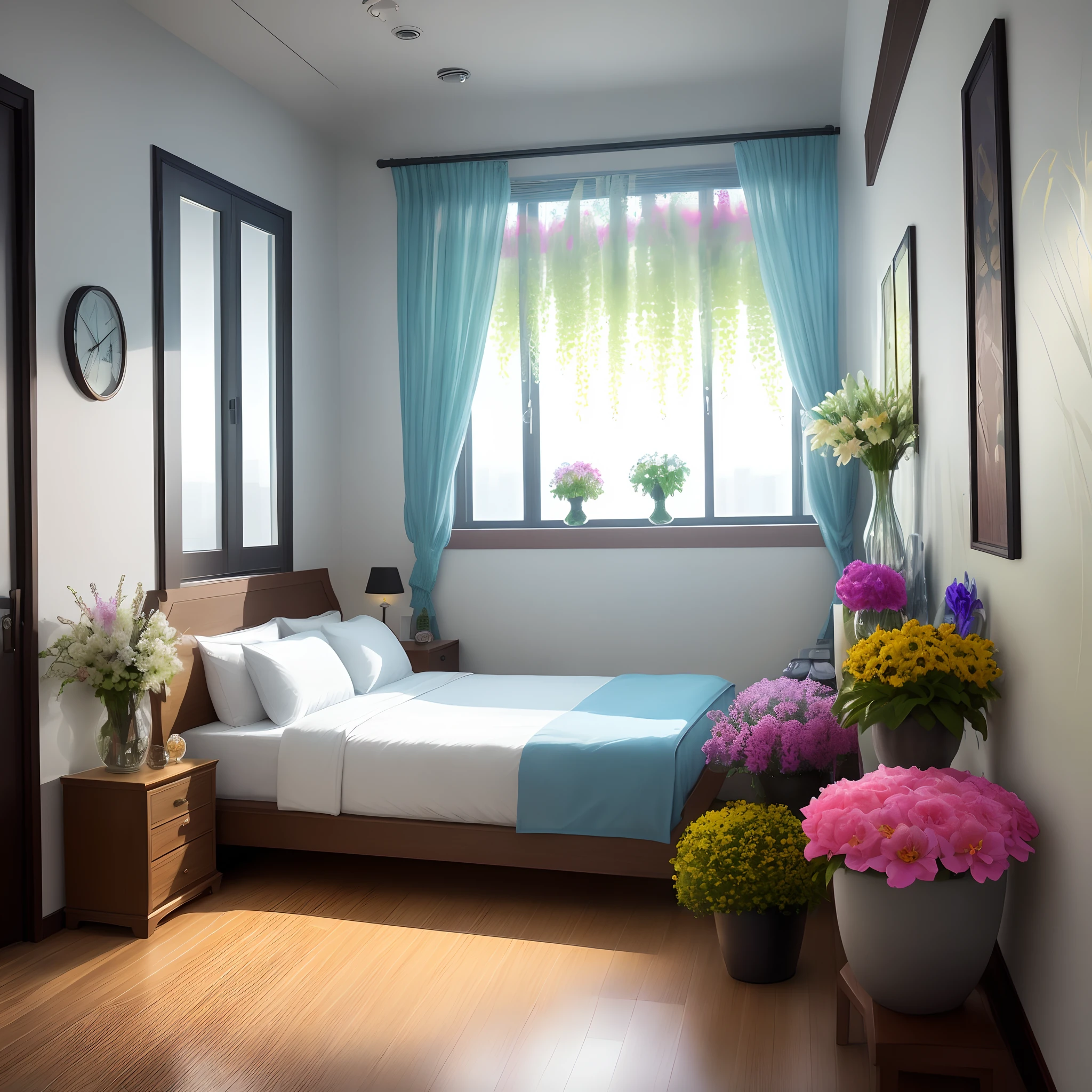 In luxury room,aingles room with bright vibrant life each and everything made of colourful glass material ,big flowerpot made of glass with unique colorful flowers