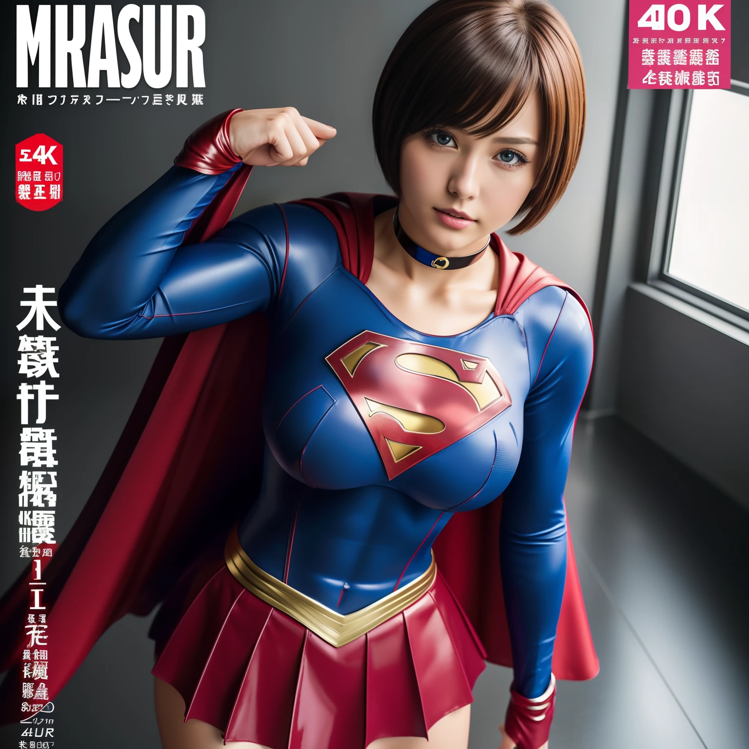 (Best Quality,4K,8K,hight resolution,masutepiece:1.2),Ultra-detailed,Realistic:1.37,Super masterpiece,Short-haired Supergirl、large full breasts、Looking at the camera、Glossy costume、a choker、Too short miniskirt、Weekly magazine cover、Powerful Pose、