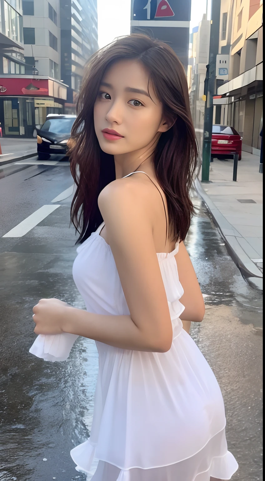 ((Best Quality, 8K, Masterpiece:1.3)), Focus: 1.2, Perfect Body Beauty: 1.4, Buttocks: 1.2, ((Layered Haircut, Breasts: 1.2)), (Wet Clothes: 1.1) , (Rain, Street:1.3), Bandeau Dress: 1.1, Highly Detailed Face and Skin Texture, Delicate Eyes, Double Eyelids, Whitened Skin, Long Hair