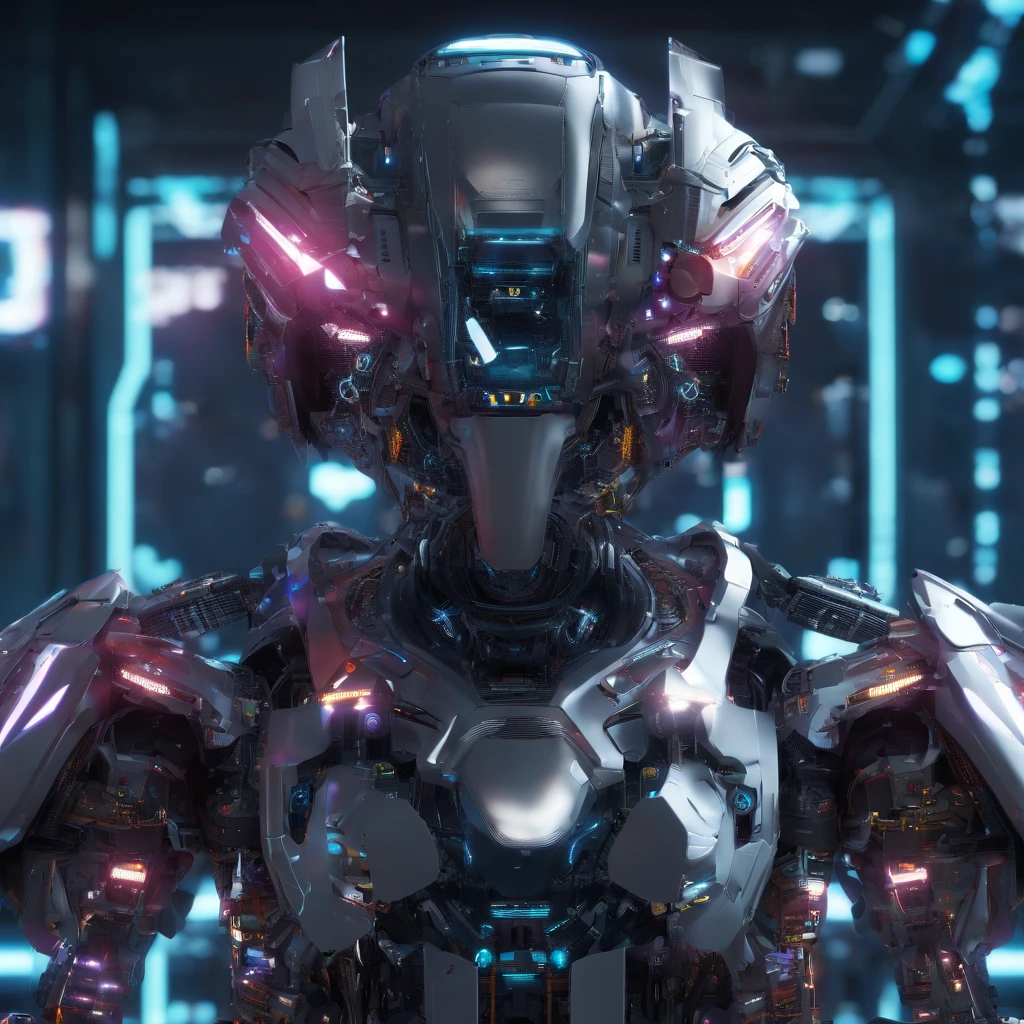 (8k,best quality, masterpiece:1.2),physically-based rendering,tyndall effect,surface reflection,metallic luster,looking at viewer,Close-Up, (Mecha:1.1),full body,solo,glowing,armor,large wings,planet,fire,Universe,scientific discoveries,pastel colors,scifi,space,moon, kawaiitech,pastel colors,kawaii,cute colors,scifi,