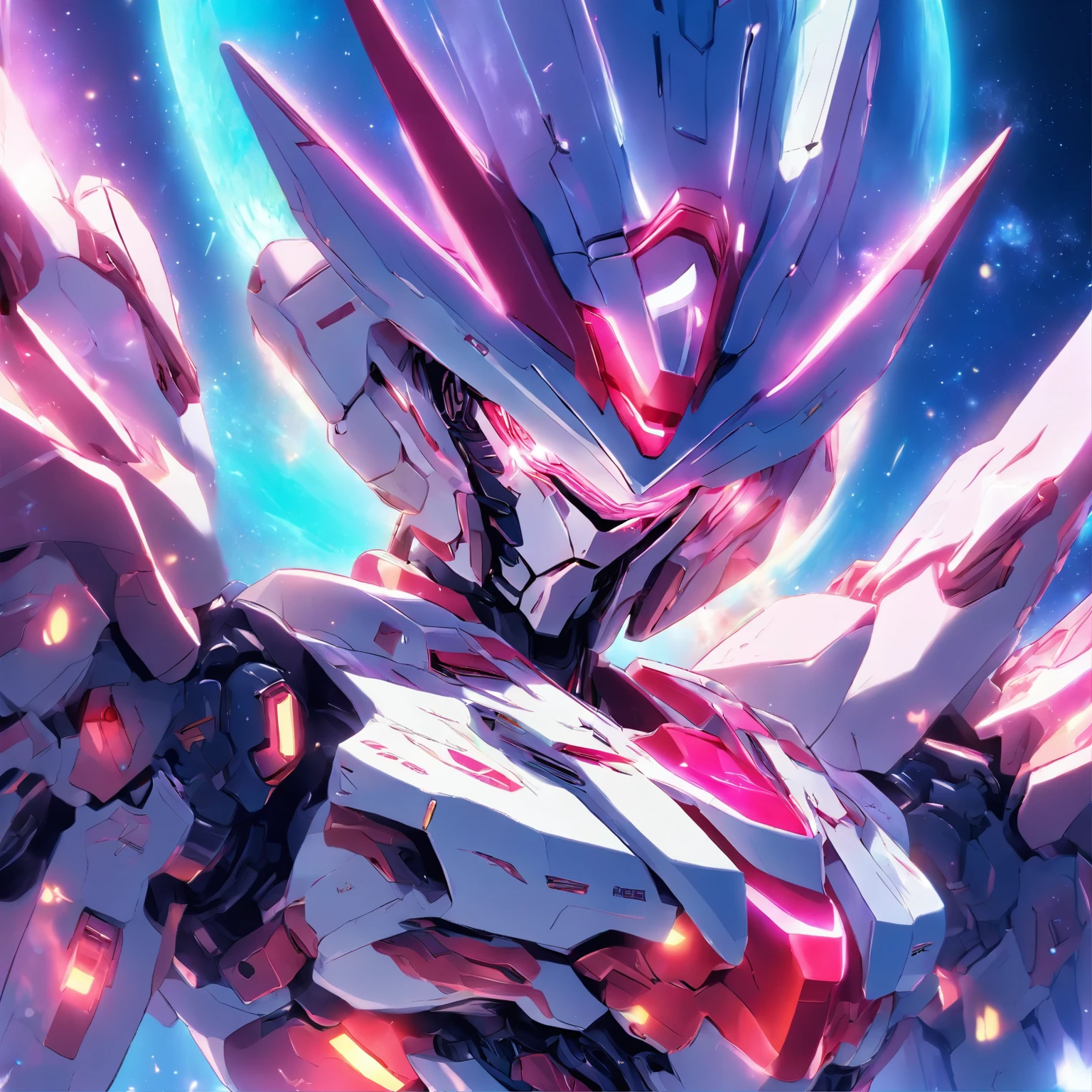 (8k,best quality, masterpiece:1.2),physically-based rendering,tyndall effect,surface reflection,metallic luster,looking at viewer,Close-Up, (Mecha:1.1),full body,solo,glowing,armor,large wings,planet,fire,Universe,scientific discoveries,pastel colors,scifi,space,moon, kawaiitech,pastel colors,kawaii,cute colors,scifi,