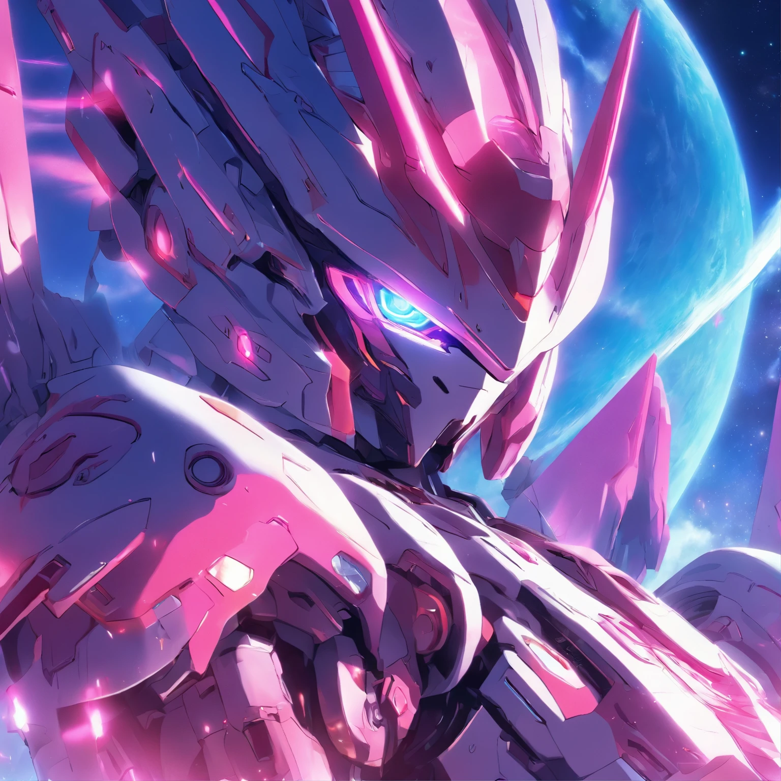 (8k,best quality, masterpiece:1.2),physically-based rendering,tyndall effect,surface reflection,metallic luster,looking at viewer,Close-Up, (Mecha:1.1),full body,solo,glowing,armor,large wings,planet,fire,Universe,scientific discoveries,pastel colors,scifi,space,moon, kawaiitech,pastel colors,kawaii,cute colors,scifi,