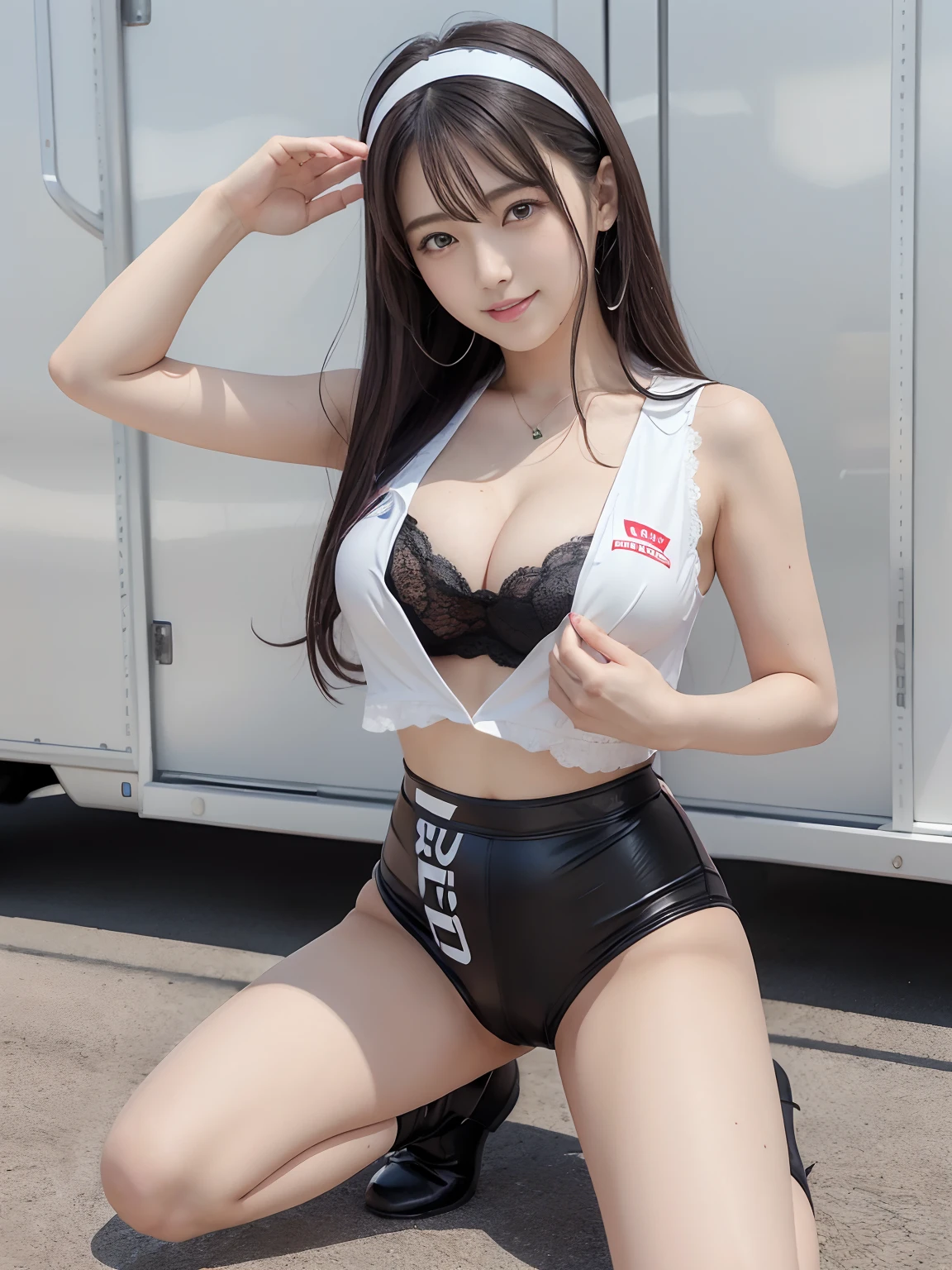 (4 k、top-quality)、(realisitic、Photorealsitic)、(Yakian)、
1girl in、独奏、fullllbody、(face to the viewer)、
perfect hand、up looking_で_the viewer、
whiteshirt、
Daytime、Suzuka Circuit、finerly detailed face、Slightly chubby、The best smile、You can see the double teeth、white hairband、Light brown long curled hair,,(super gigantic breast, cleavage:1.2),(Black Enamel Lace Queen、I'm wearing enamel shorts:1.3), (Cameltoe),、Nogizaka Idol、actress、Korean Idol、hposing Gravure Idol,place one's arms behind one's back,raise both arm,(Aside)、I wear long black enamel boots、