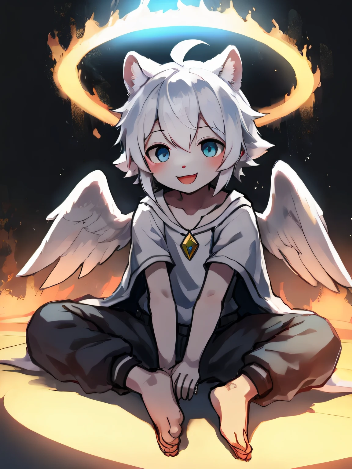 Shota,White color hair ,male people,Q version,(ddlers,ba adolable, sat on the ground, Master masterpieces, A high resolution,8K,detailedbackground,high high quality,Libido boy,(((独奏))),(Angel wings,angelic halo,White clothes,The barefoot:0.6),looking at viewert,angle of view,From above,Dreamlike,magical,baiyun,(Warm light source:1.2),upper sky,On the clouds,A happy expression,shorter pants