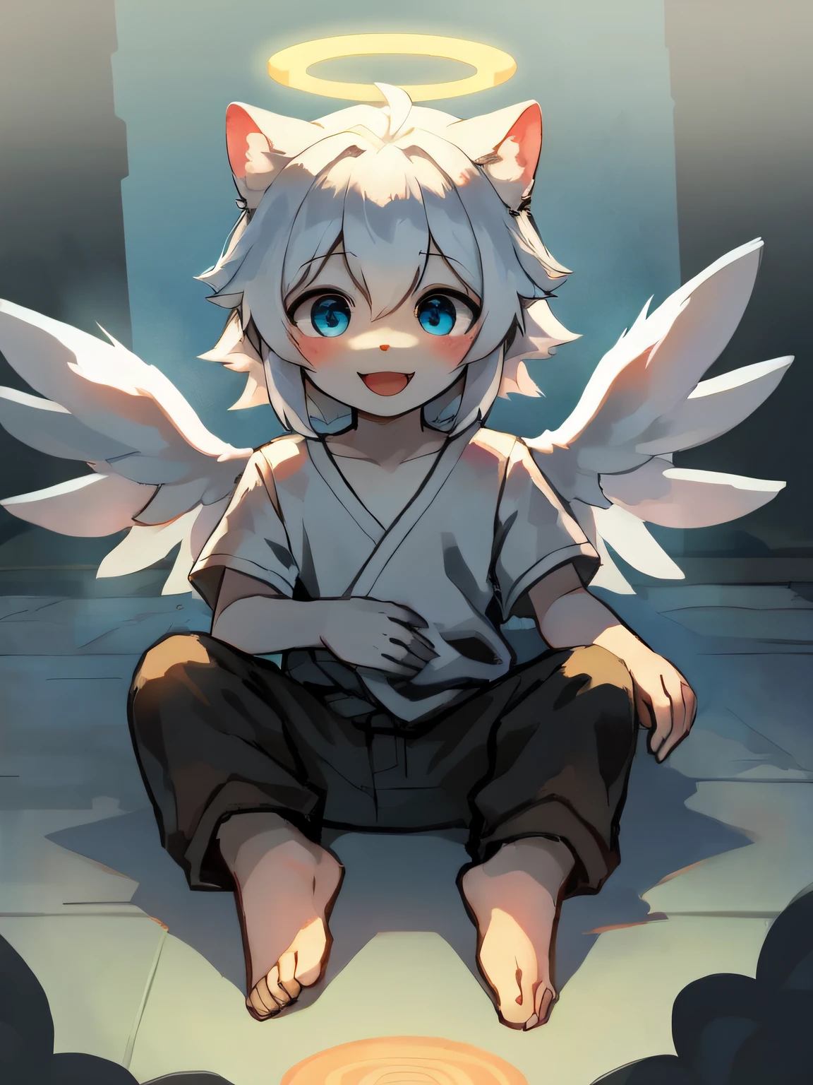 Shota,White color hair ,male people,Q version,(toddlers,baby), adolable, sat on the ground, Master masterpieces, A high resolution,8K,detailedbackground,high high quality,Libido boy,(((独奏))),(Angel wings,angelic halo,White clothes,The barefoot:0.6),looking at viewert,angle of view,From above,Dreamlike,magical,baiyun,(Warm light source:1.2),upper sky,On the clouds,A happy expression,shorter pants