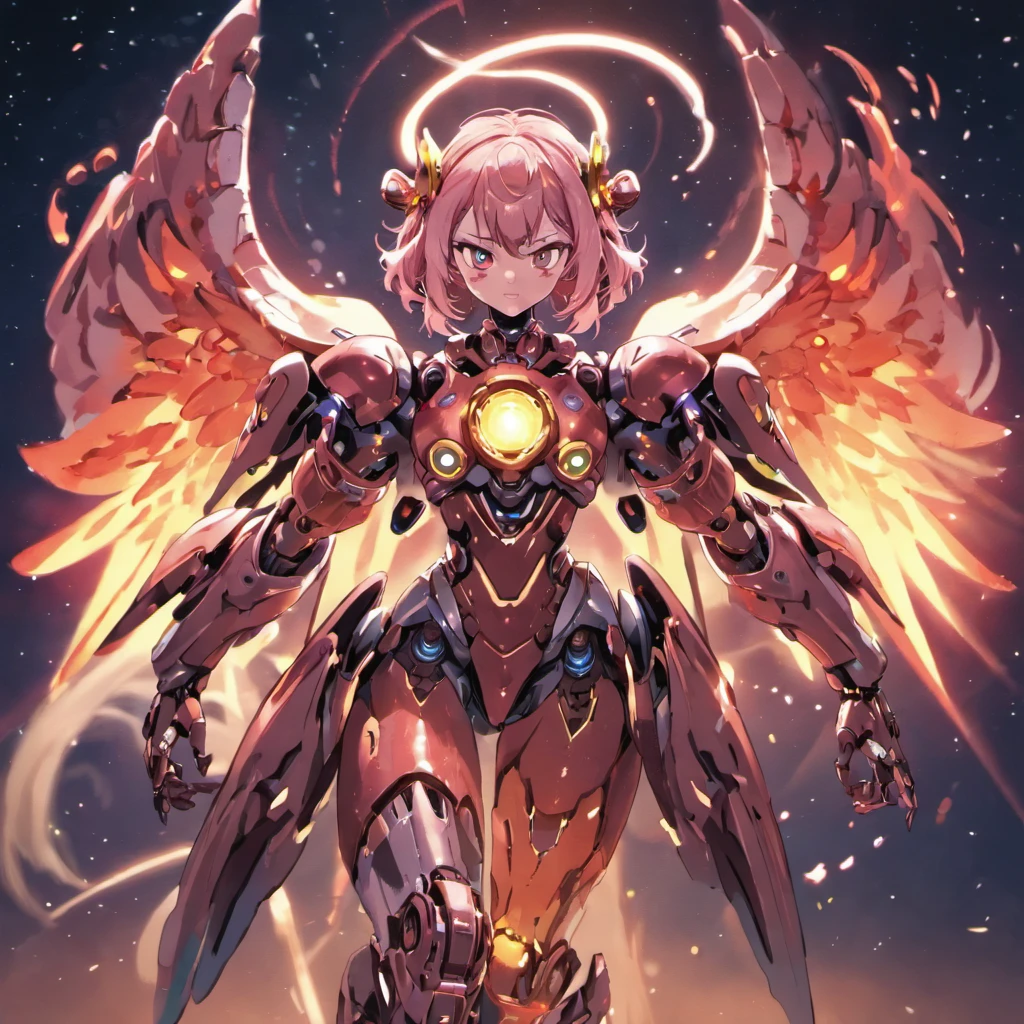 (8k,best quality, masterpiece:1.2),physically-based rendering,tyndall effect,surface reflection,metallic luster,looking at viewer,Close-Up, (Mecha:1.1),full body,solo,glowing,armor,large wings,planet,fire,Universe,scientific discoveries,pastel colors,scifi,space,moon, kawaiitech,pastel colors,kawaii,cute colors,scifi,