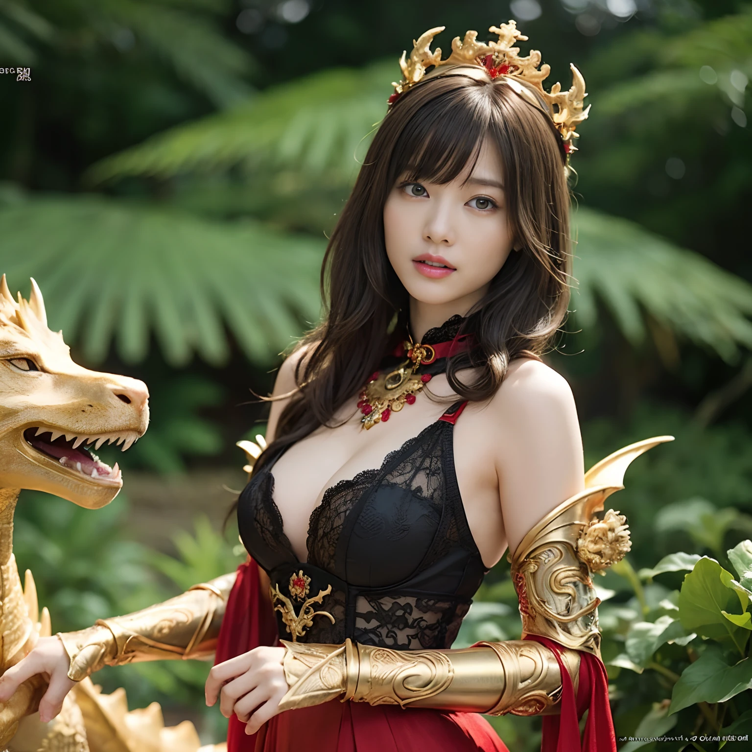 (Fight ly with dragons)、top-quality、​masterpiece、超A high resolution、（White Dragon Armor）、dragon armor、(Wearing a beautiful crown made of jewels),(Photorealsitic:1.4)、Raw photo、女の子1人、den hair、glowy skin、(((Chinese Dragon)))、（Gorgeous Jewelry Necklaces）、（Mystical expression）、（Fight big dragons）、With a beautiful knife、（White Metal Bodysuit）、(beautiful forest background)、Precipitous cliffs、(Small LED)、((super realistic details))、portlate、globalillumination、Shadow、octan render、（One-Eyed Scouter）、8K、ultrasharp、Colossal tits、Raw  is exposed in cleavage、metals of complex ornaments、Japan details、highly intricate detail、Realistic light、CGSoation Trends、Red Eyes、radiant eyes、Facing the camera、neon details、(Mechanical limbs)、(blood vessels connected to tubes)、Mechanical vertebrae attached to the back、mechanical cervical attaching to neck、(Wires and cables connecting to the head)、Gundam、Small LED、,Mechanical thighs、Toostock、（Hands are also made of machines）、（veils）、