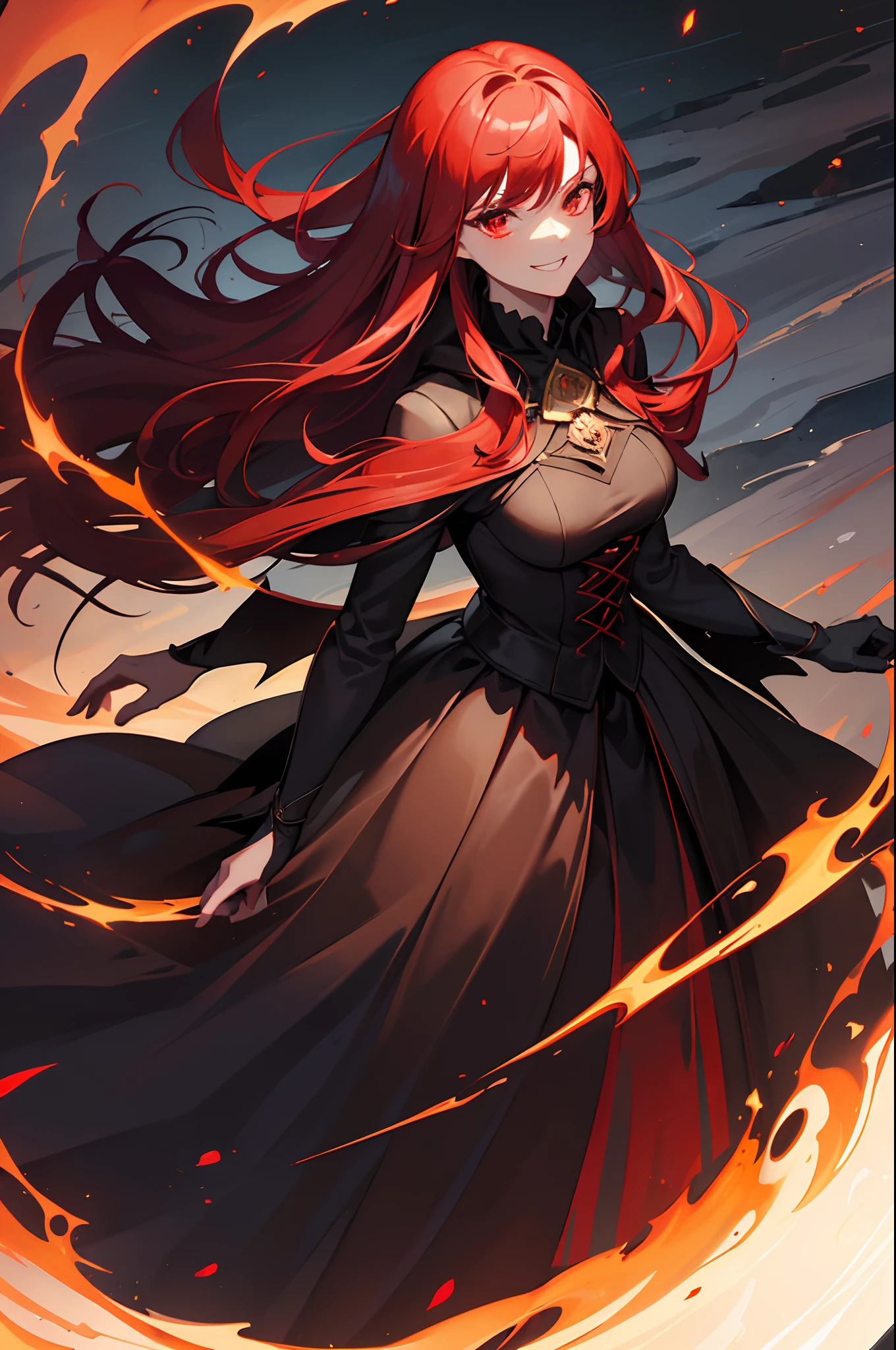 masterpiece, highlydetailed, intense shadows, dark, solo, (1girl), fiery red hair, glowing red eyes, (long black dress), (flowing cape), (fire magic), (smoke effects), (floating in mid-air), (cracked ground), (burning embers), (sinister smile)
