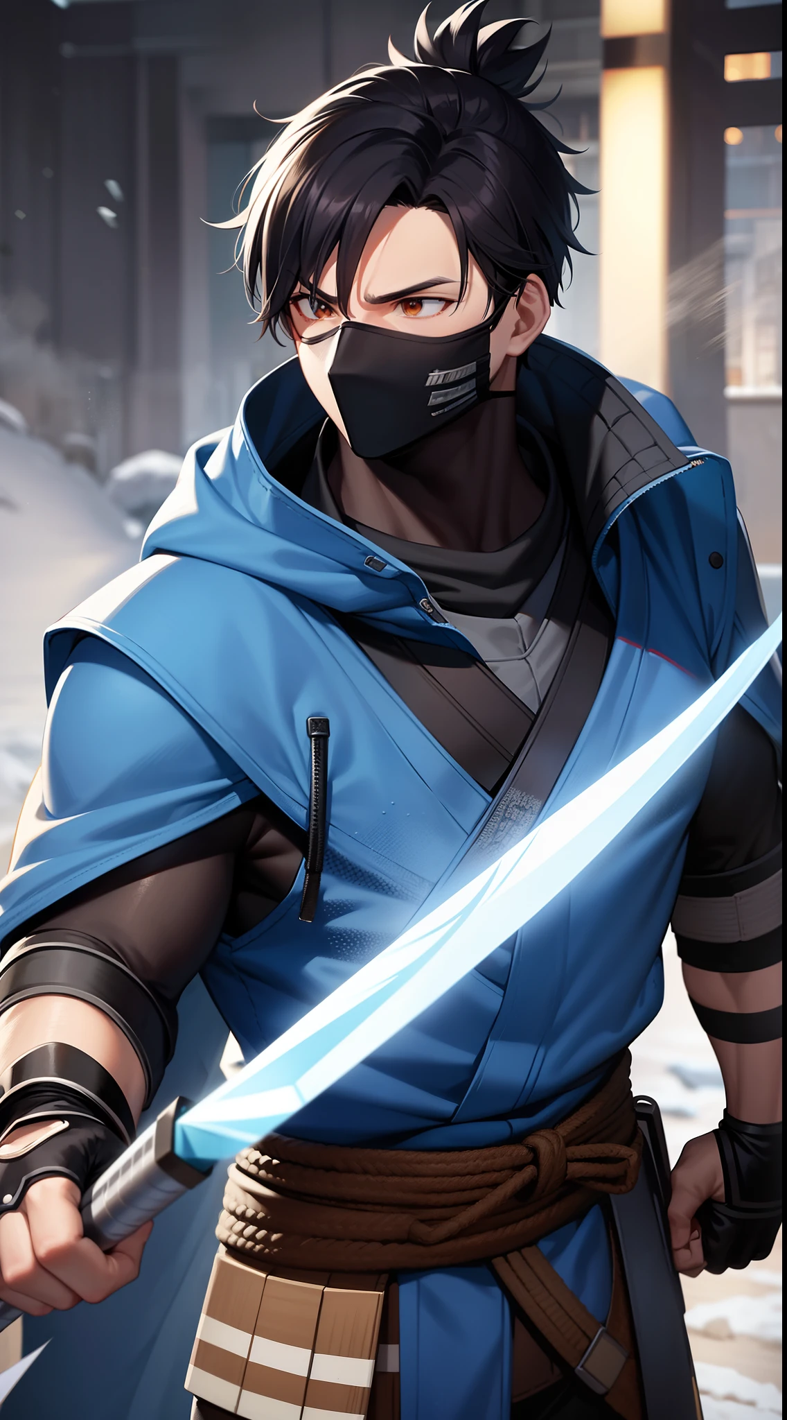 Grown-up guy, short black hair, high ponytail, Brown eyes, mask, blue shinobi kimono, Sleeveless, Sub-Zero, Cold, ice, blizzard, Battle-ax, Masterpiece, hiquality, 4k, HD, Good detail