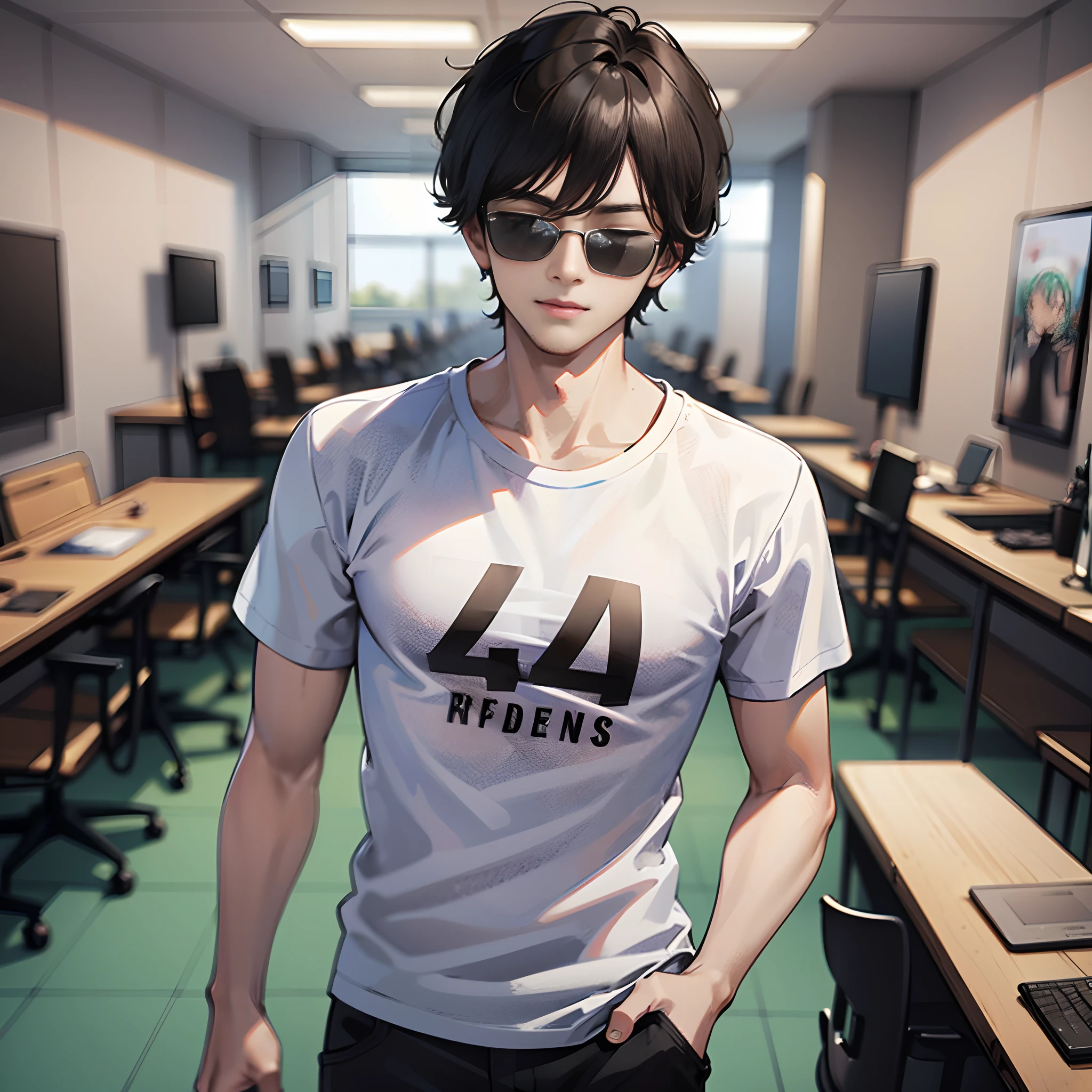 In the conference room, there is a handsome boy standing up, wearing sunglasses, eyes closed, short black hair, white T-shirt with short sleeves, super detailed, 4k, super detailed