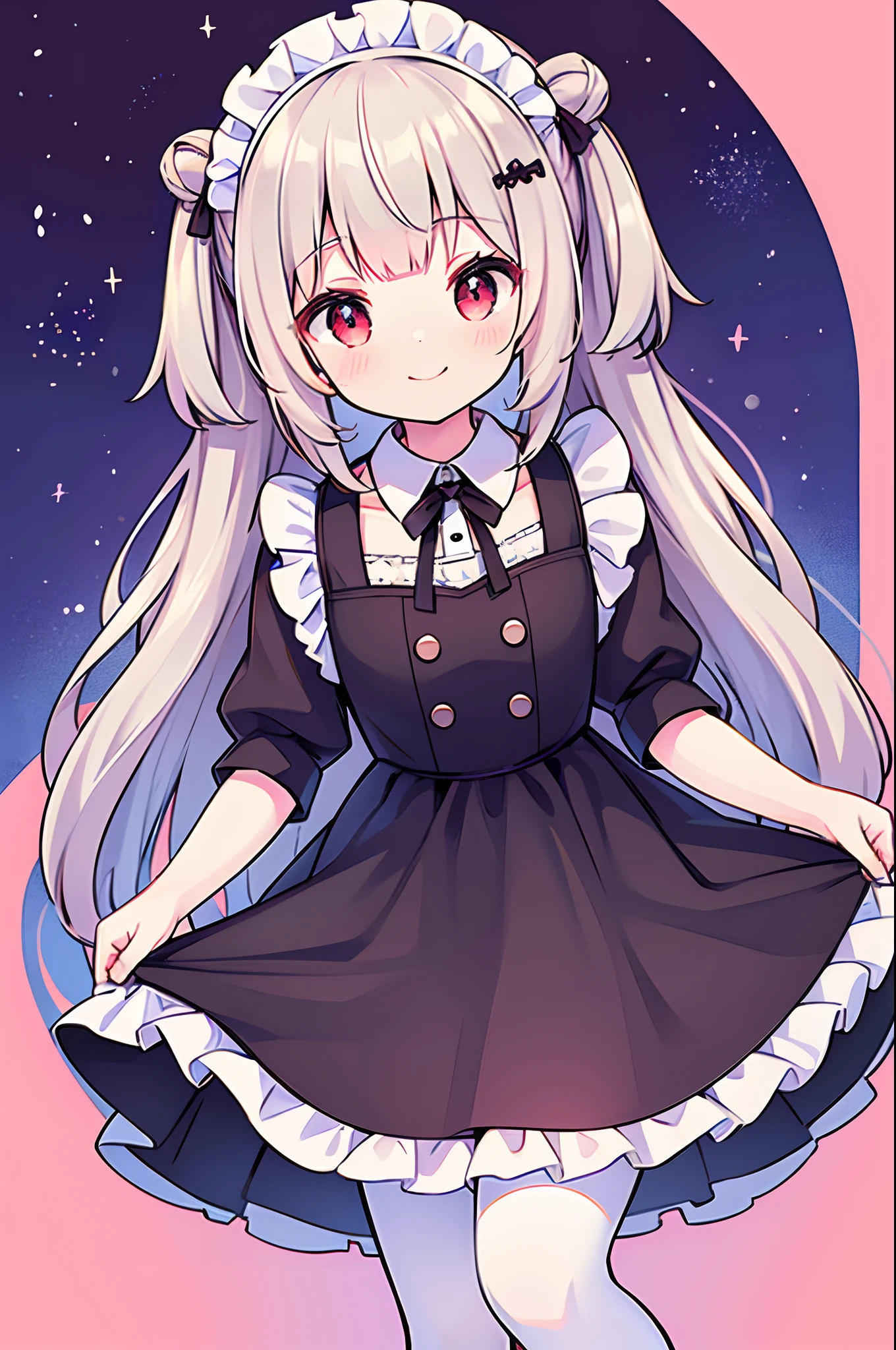 8K picture quality，silber hair,Red-eyed girl,cute little ,Long hair,Heartwarming,a miniskirt,Lolita,A smile,Thumbnail styles，maid clothes，fluffly，Looking down from above,despise,A smile