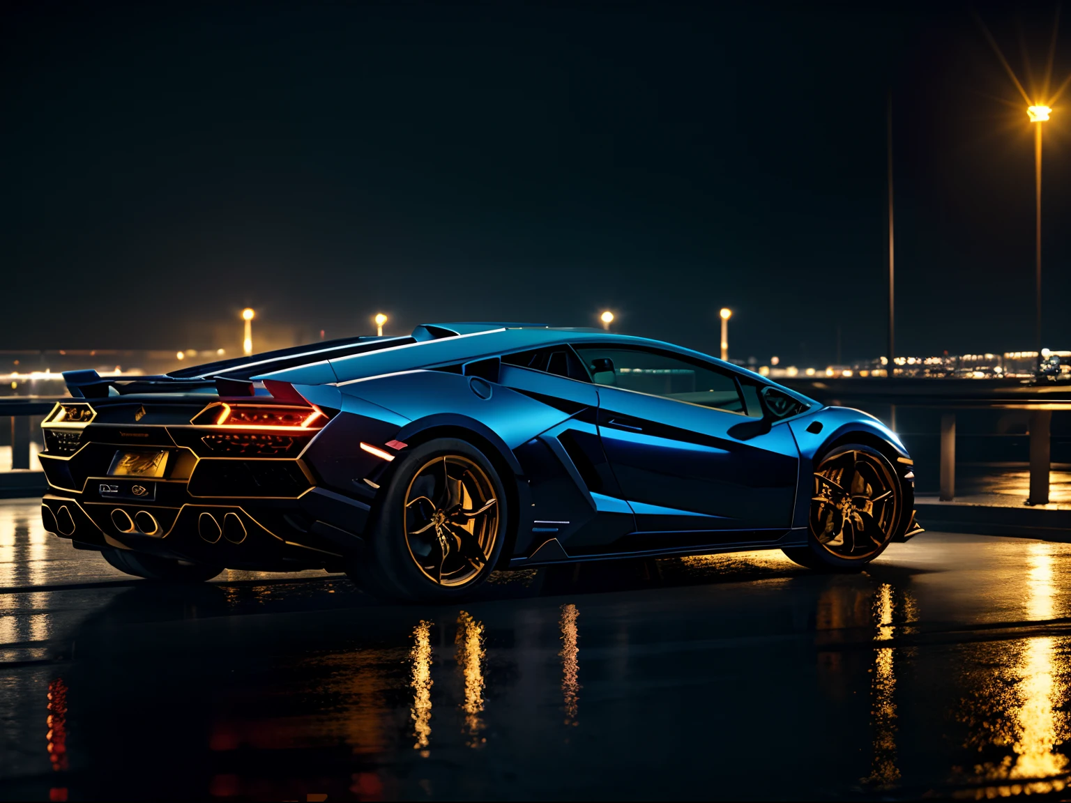 golden lamborghini at night with blue lights, raining, city at night, cinematic lights, 8k, masterpiece, RAW photo, best quality, photorealistic, extremely detailed CG unity 8k wallpaper, Depth of field, Ray Tracing