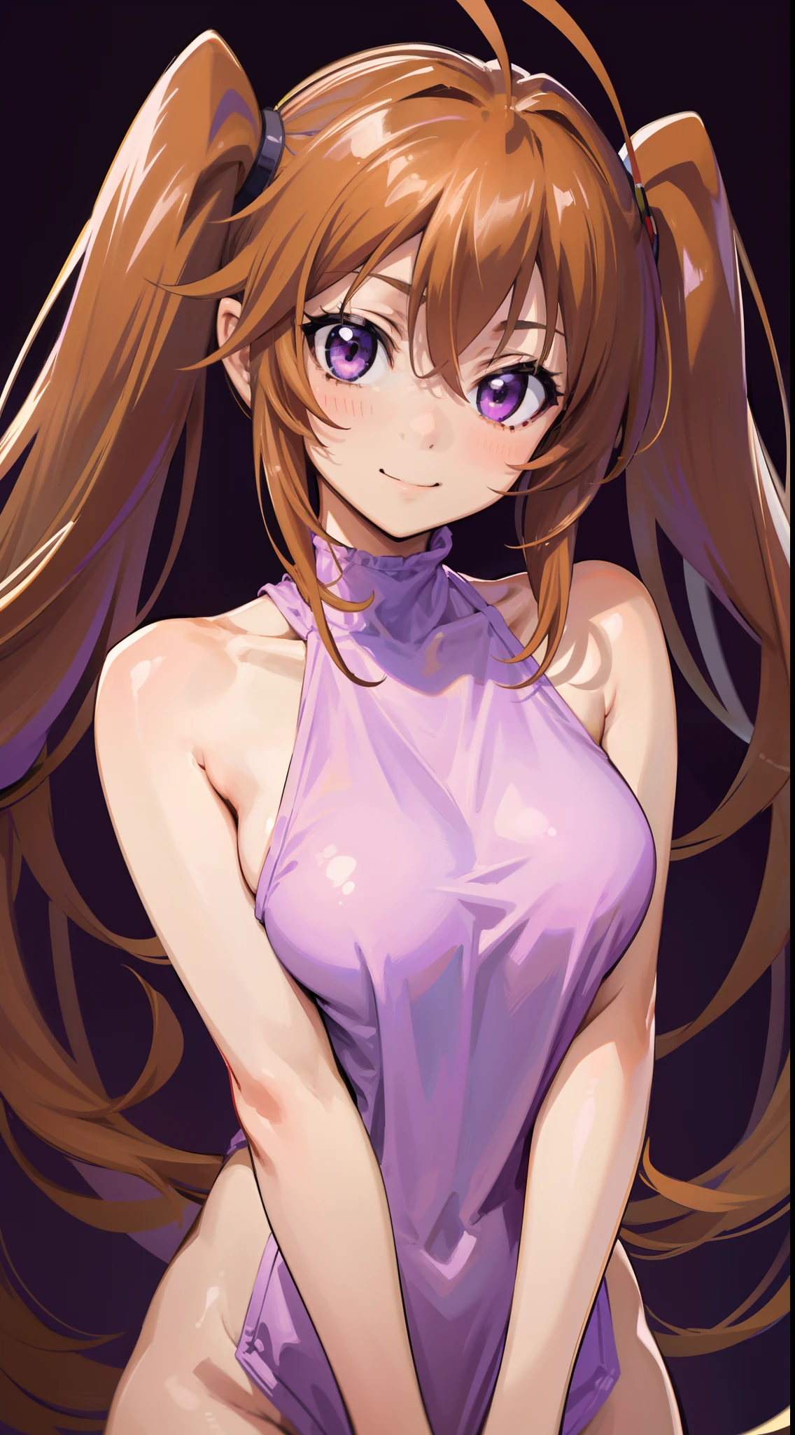 (Masterpiece),best quality, long brown hair, purple eyes, twintails, smile, Shidou Irina, medium breasts, naked, simple background, standing, ((upper body)), indoors.