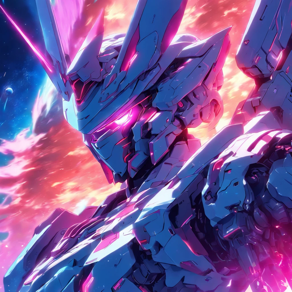 (8k,best quality, masterpiece:1.2),physically-based rendering,tyndall effect,surface reflection,metallic luster,looking at viewer,Close-Up, (Mecha:1.1),full body,solo,glowing,armor,large wings,planet,fire,Universe,scientific discoveries,pastel colors,scifi,space,moon, kawaiitech,pastel colors,kawaii,cute colors,scifi,