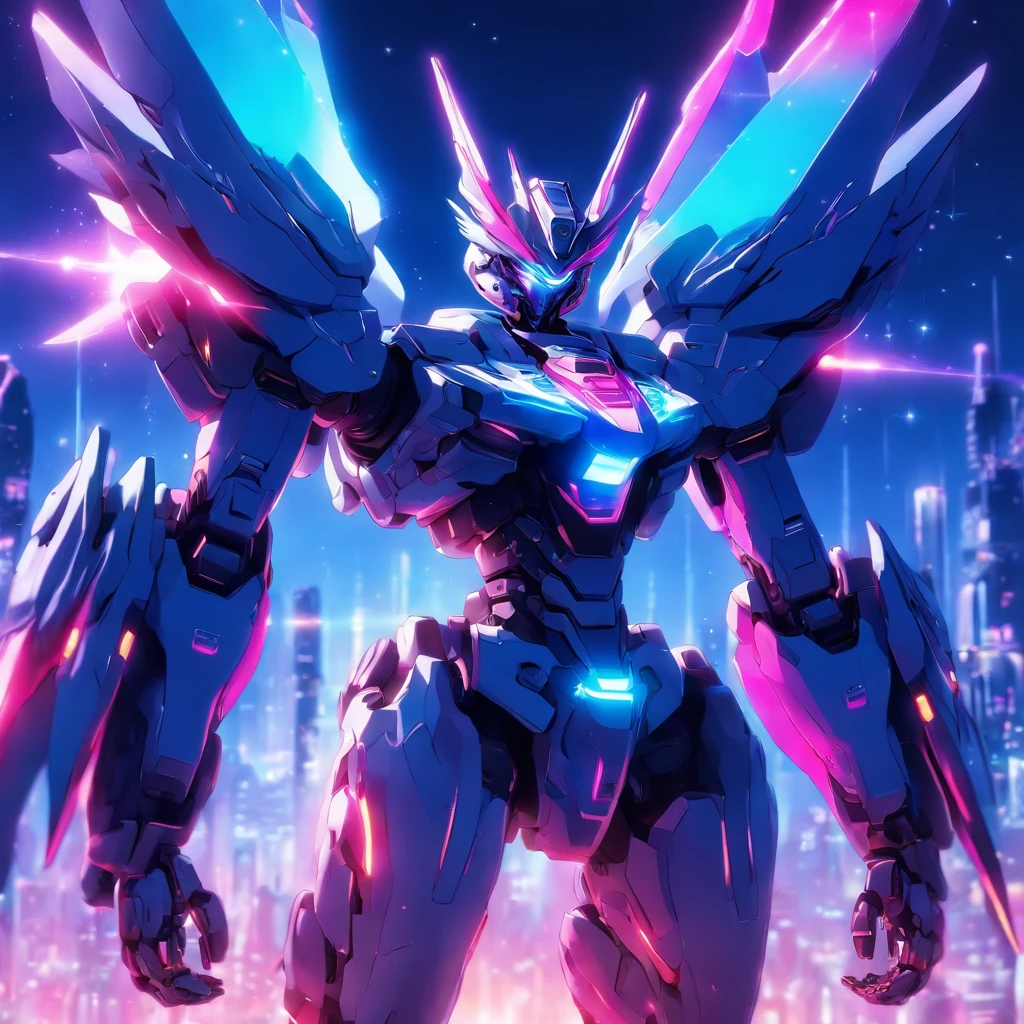 (8k,best quality, masterpiece:1.2),physically-based rendering,tyndall effect,surface reflection,metallic luster,looking at viewer,Close-Up, (Mecha:1.1),full body,solo,glowing,armor,large wings,planet,fire,Universe,scientific discoveries,pastel colors,scifi,space,moon, kawaiitech,pastel colors,kawaii,cute colors,scifi,