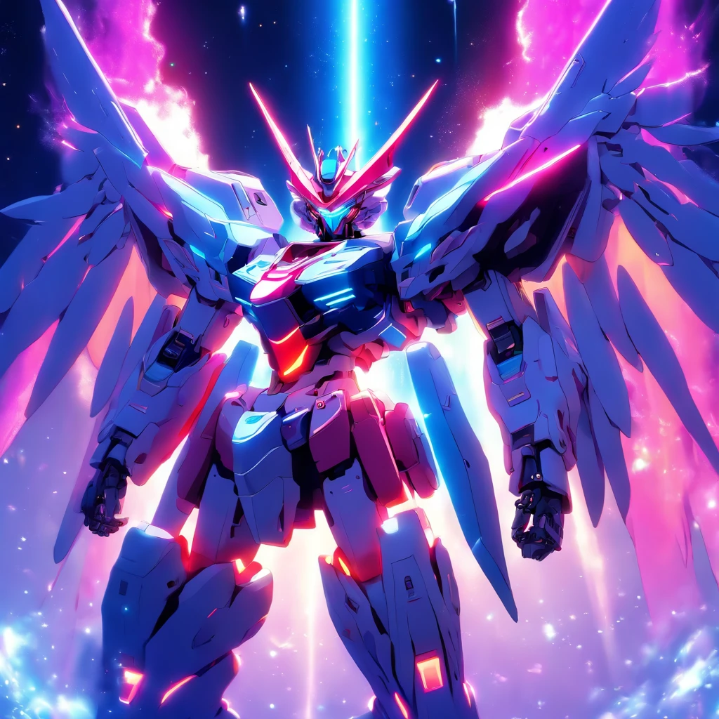 (8k,best quality, masterpiece:1.2),physically-based rendering,tyndall effect,surface reflection,metallic luster,looking at viewer,Close-Up, (Mecha:1.1),full body,solo,glowing,armor,large wings,planet,fire,Universe,scientific discoveries,pastel colors,scifi,space,moon, kawaiitech,pastel colors,kawaii,cute colors,scifi,