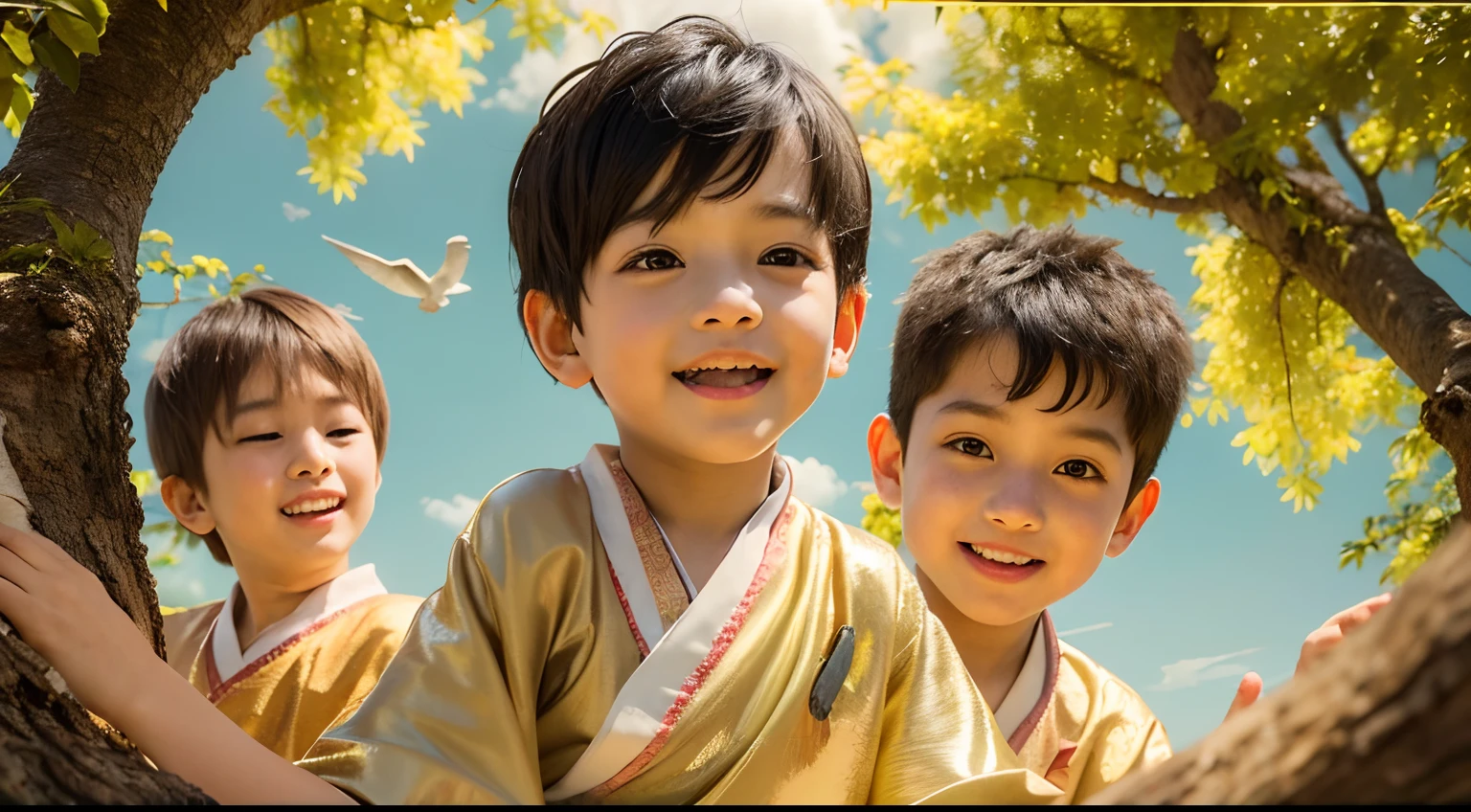 (Masterpiece),(Top Quality),(Super Detail),(Telegraph:1.2), Kid, Cute, Smile, 5boys of running playing, wearing pashtun robes, silk robes, with gold adornment, Do you want to climb a tree or climb to the sky?, black hair, Photorealistic, gold tree, UHD, ultra high res, cinematic, garden background