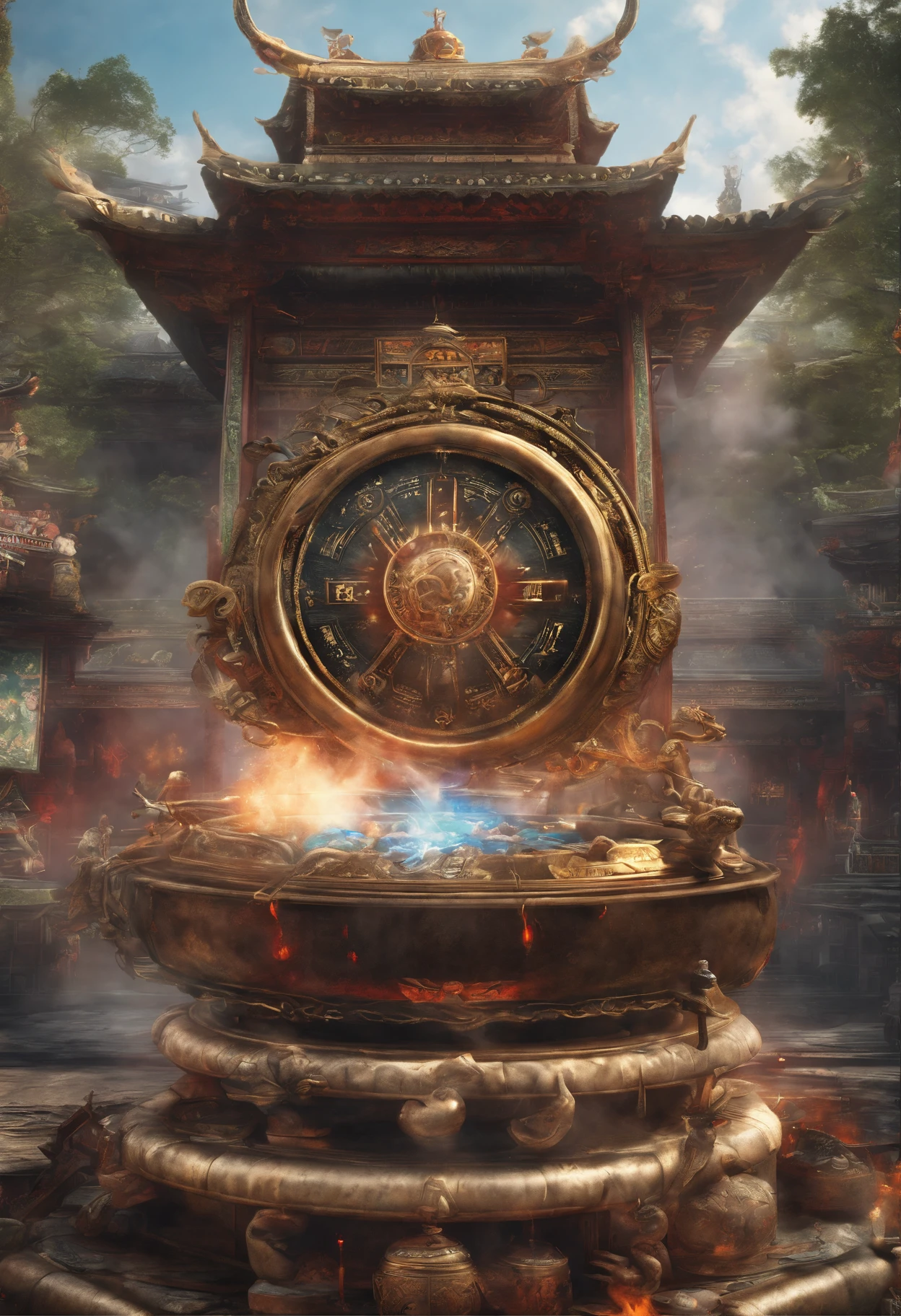 (Best quality,4K,8K,A high resolution,Masterpiece:1.2),Ultra-detailed,(Realistic,Photorealistic,photo-realistic:1.37),Chinese Taoist compass, Burning Chinese talismans, Mahogany sword, The Conjuring Bell，Circle in a circle, Enigmatic Atmosphere, Vibrant colors, Ethereal lighting