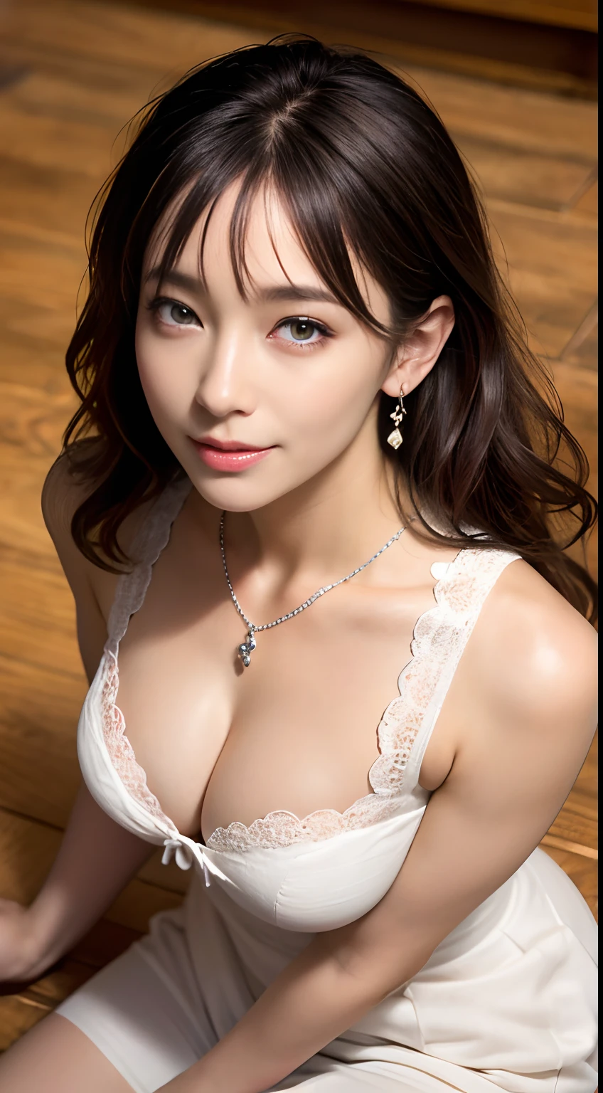 (masutepiece: 1.3), (max resolution: 1.2), (Ultra HDTV: 1.2), cinematric light, Ultra HDTV, (Detailed eyes and skin), (detailed facial features), nffsw, 8K resolution, Sharp Focus: 1.2, Perfect Style, Beautiful face, acurate, Anatomically correct, Highly detailed face and skin texture, Detailed eyes, Dark-blue eyes, Double eyelids, Thin eyebrows, Glitter Eyeliner: 1.2, Natural cheeks, Glossy skin, Fair skin: 1.2, shiny little necklace and earrings, (Glossy lips: 1.4), BREAK, absurderes, One-person viewpoint, (she is high school Teacher), (Bra in bra、Wearing panties, high-heels), (Seductive smile: 1.2), (Staring at the viewer), ((a Innocent and cute girl:1.3)), (Layered hairstyle, Wavy Hair), (light brown hair:1.2), Medium Long Hair, (Full body shot: 1.2), Focus on Face, ((Very intimate relationships: 1.2)), Large breasts, ((Lying on the floor:1.2)), ((In An empty library)), (From directly above:1.2),