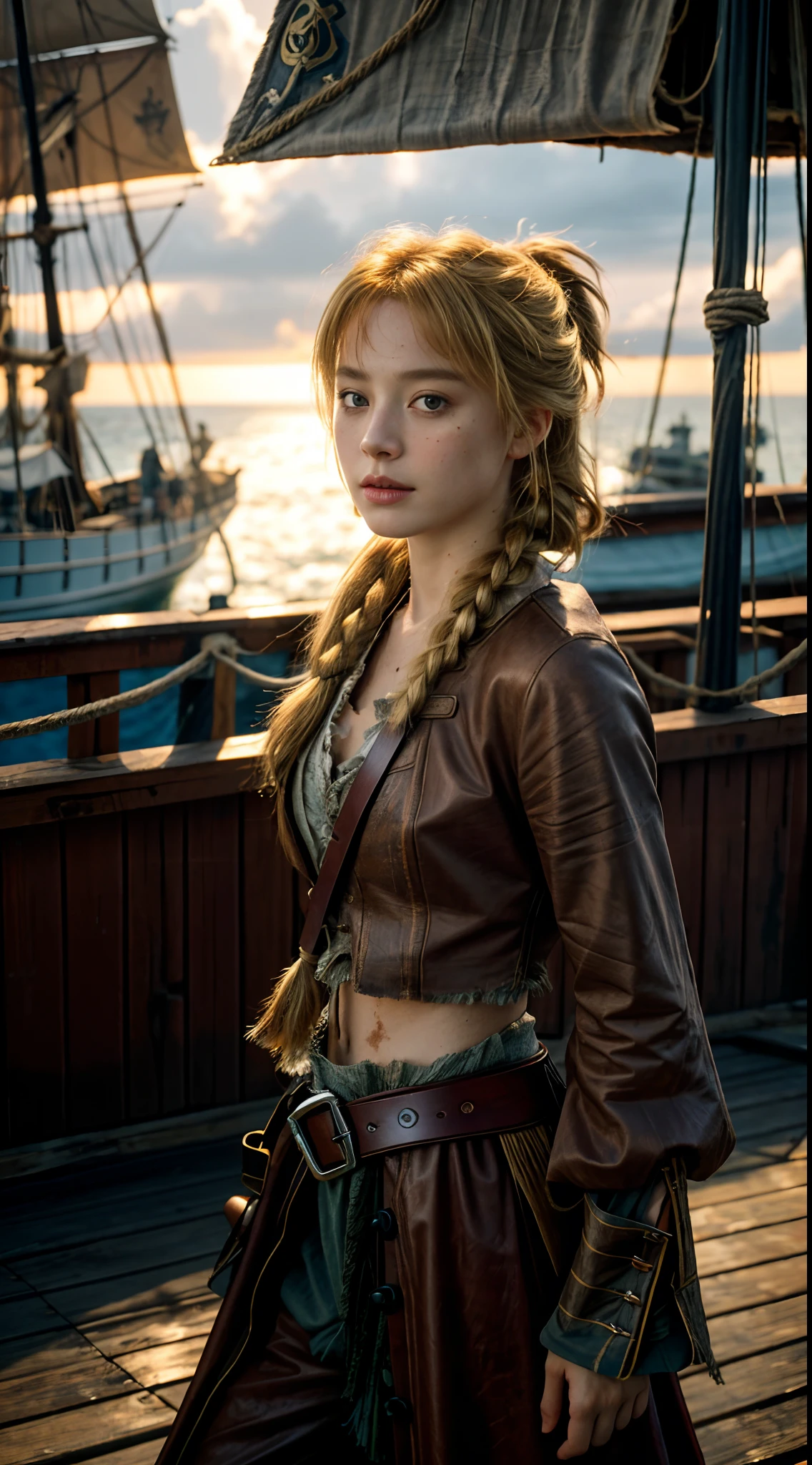 Dramatic lighting, Highest quality, film movie still, (Charming Anne Bonny, Dressed in dirty tattered pirate costumes, Stand on the deck of a pirate ship docked in a Caribbean port), grimy, Dark atmosphere, Toned body, (ripped clothing:0.8), Perfect face, view the viewer, (Detailed skin) [freckle], ((Dirty)), (muddy), (dark cloude:0.7), (Stormy weather:0.5), Dull, Natural lighting, (direct light:0.4), 8mm film grain, photographed on a Sony a9 II, 24mm lens, f/2.8 aperture, Deep focus, (primitive), 8K, (Stills from《The Lost Pirate Kingdom, blonde ponytail hair, brown braid hair, midshot, centered image, ultra detail, extremely face detail, extremely eye detail