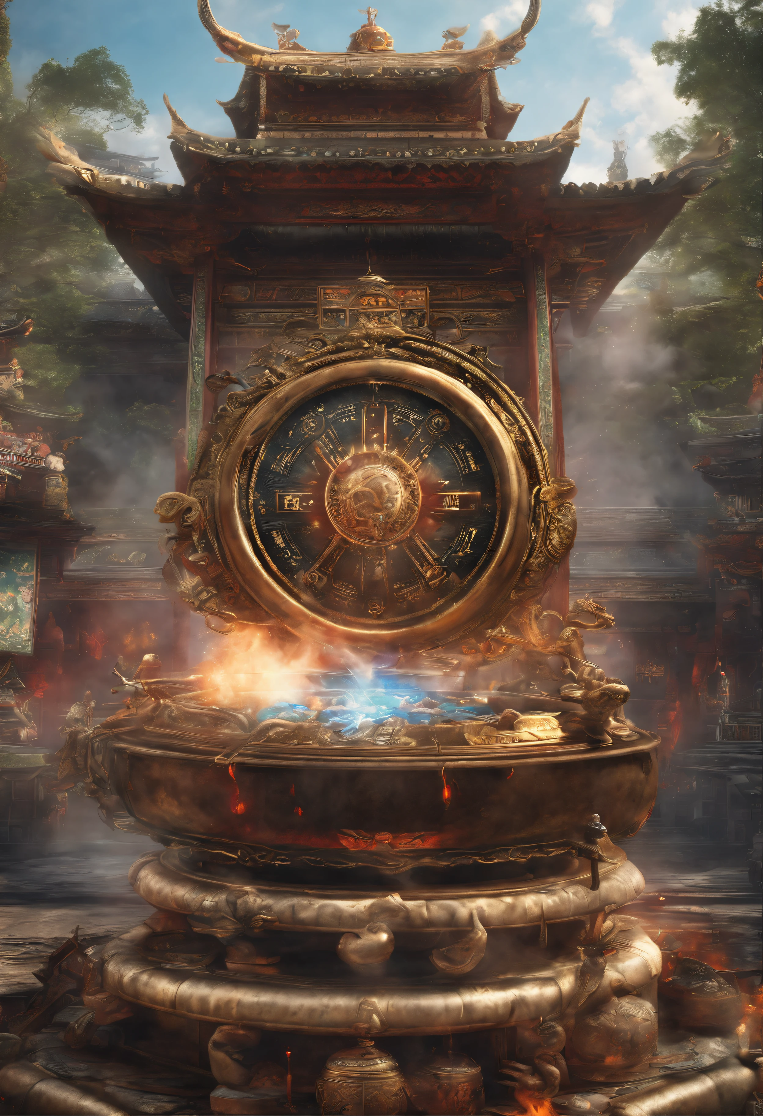 (Best quality,4K,8K,A high resolution,Masterpiece:1.2),Ultra-detailed,(Realistic,Photorealistic,photo-realistic:1.37),Chinese Taoist compass, Burning Chinese talismans, Mahogany sword, The Conjuring Bell,Circle in a circle, Enigmatic Atmosphere, Vibrant colors, Ethereal lighting