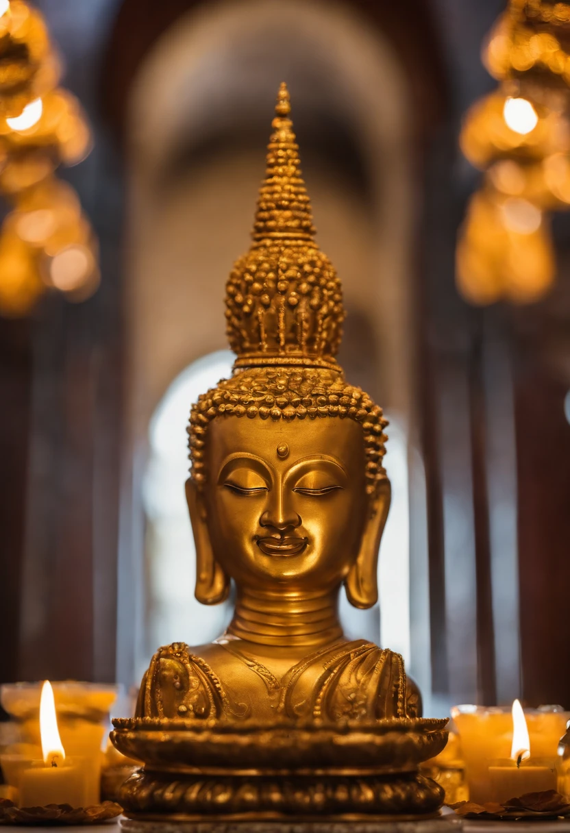 Siddhartha Buddha's golden sculpture in a tample, Offered with candles, long shot, hyper realistic, hyper detailed, masterpiece, photorealistic,8k.