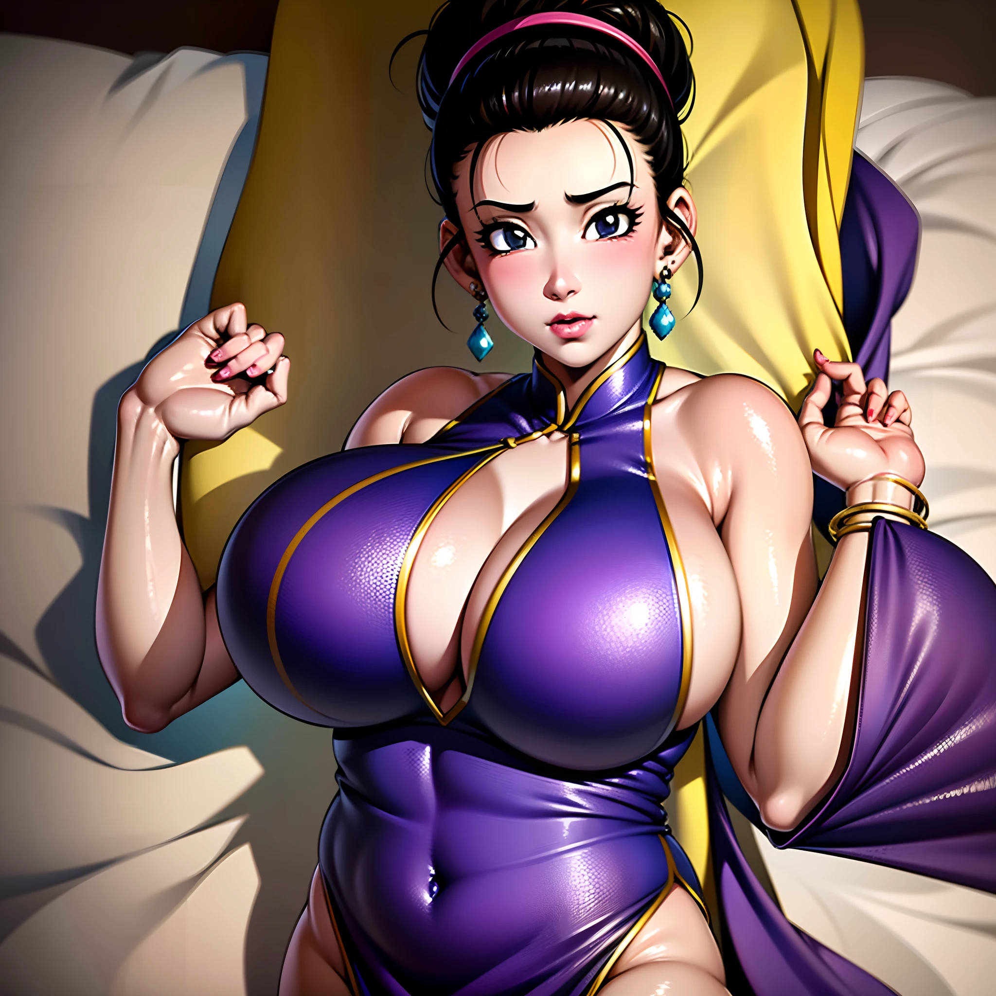 (16 K, Raw photo, Best Quality, masutepiece:1.2), (High resolution, Photorealistic:1.3), ((1girl in, Solo)), (Mature, A MILF, yellow_China_Dress:1.15, Purple_neckerchief, chichi, Black_Eyes, Black_hair, updo hair, hair_Bun, Huge_breasts, Jewelry, earrings, Ponytail, Yellow Chinese_Clothes:1.15), Professional Lighting, Lens 135mm, (abandoned houses:1.2, Dark atmosphere), Detailed face, Detailed skin, Beautiful lips, (Perfect slim body style:1.1, Full body shot:1.1, laying down on the bed:1.2, Exposed shaved armpits:1.15, Overhead view), badhandsv5-neg, High detailed skin, Puffy eyes,