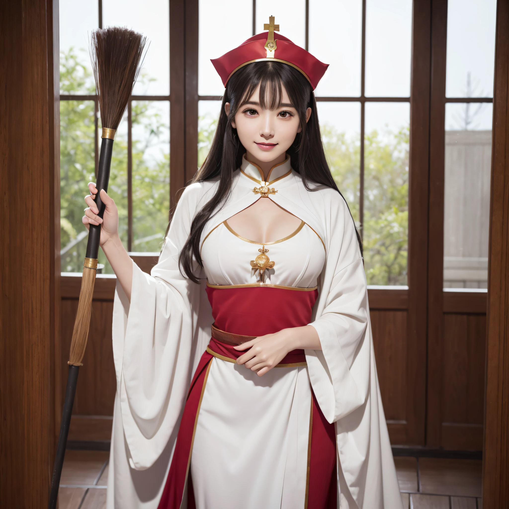 Neat and clean priestess、((best qualtiy、8k masterpieces:1.3))、foco nítido:1.2、(ultra beautiful faces:1.0)、(shinny skin:1.0)、photos realistic、A dark-haired、Video Lighting、High-definition eyes and face、Video Lighting、Japan Idol Actress、from the front side、medium breasts、Smile、Slender Abs Beauty、Whole body、Wearing a red priestess costume、At the shrine in the morning、Holding a broom