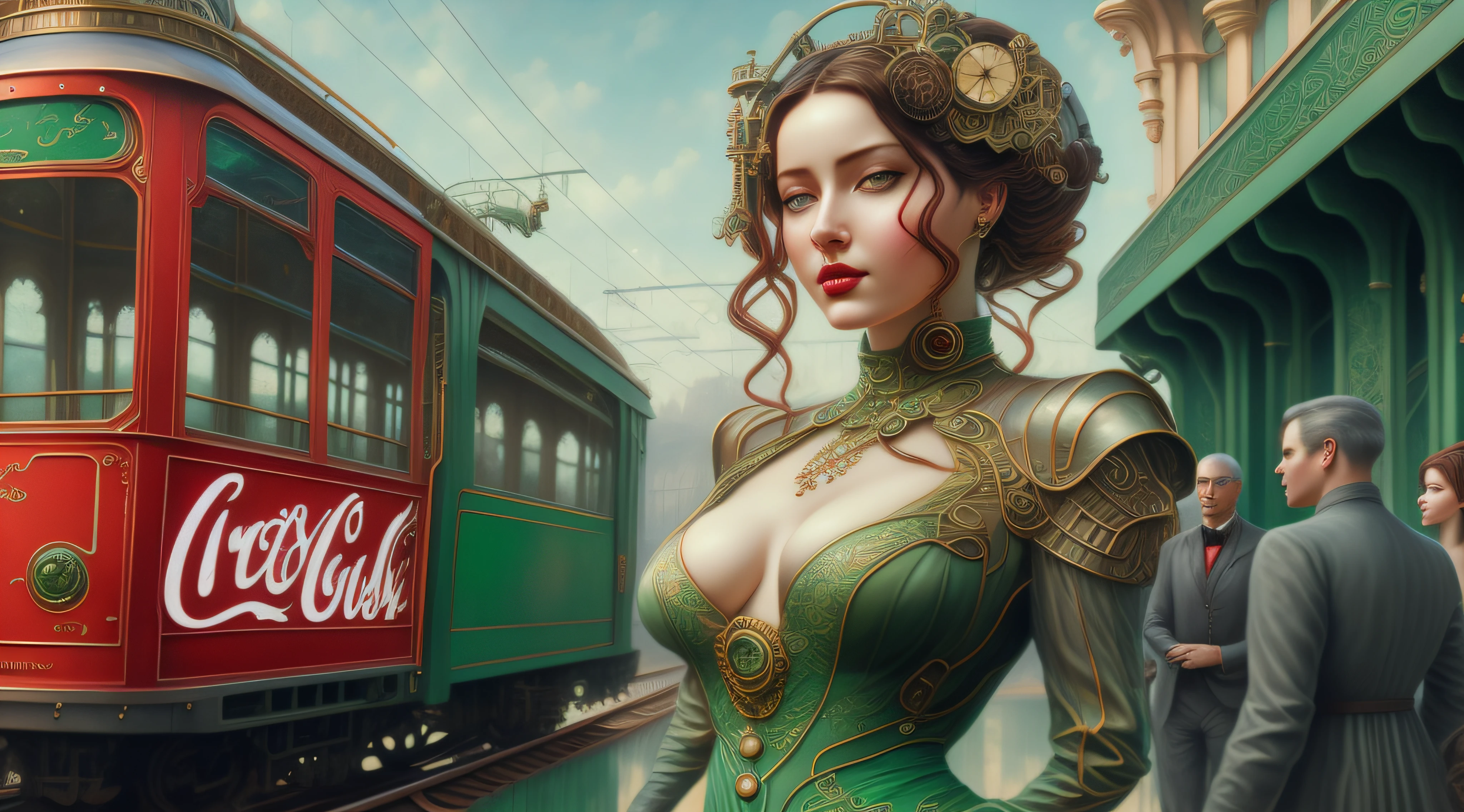 there is a woman in a green dress standing next to a red train, karol bak uhd, beautiful digital artwork, hyperrealistic fantasy art, michael cheval (unreal engine, 4k highly detailed digital art, hyperrealistic art nouveau, fantasy victorian art, realistic fantasy artwork, stunning digital illustration, amazing fantasy art, digital steampunk art, 4k detailed digital art