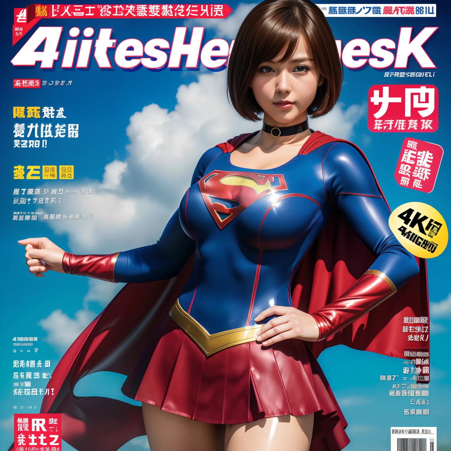 (Best Quality,4K,8K,hight resolution,masutepiece:1.2),Ultra-detailed,Realistic:1.37,Super masterpiece,Short-haired Supergirl、large full breasts、Looking at the camera、Glossy costume、a choker、Too short miniskirt、Weekly magazine cover、Powerful Pose、