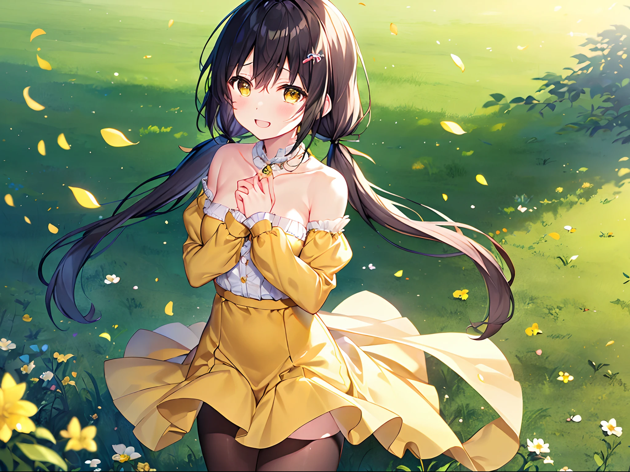 (top-quality、masterpiece:1.5)、Beautiful girl alone、、cute little、shinny skin、(a smile)、(yellow eyes)、Clearing the eyes、droopy eyes、tears、A dark-haired、((low twintails))、yellow hair tie、(yellow outfit)、(Fit clothing)、frilld、strapless、(Black tights)、Detached sleeve、background grassland、Colorful flowers、natural soft light、Put your hands on your chest、Slender feet、petals dancing in the wind