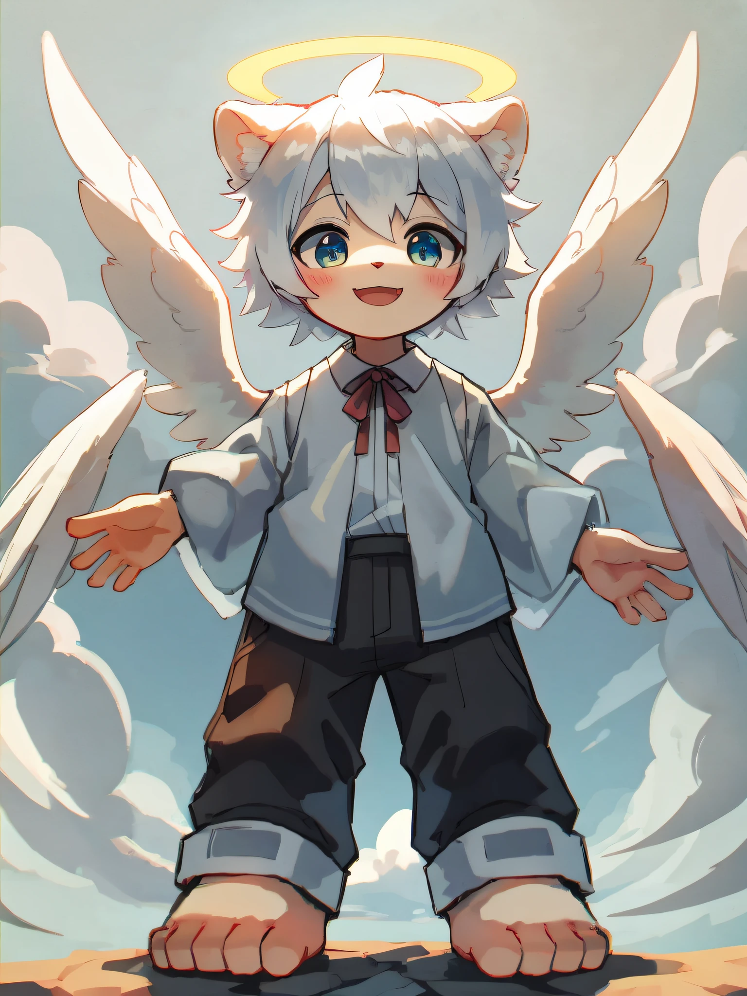 Shota,White color hair ,male people,Q version,(toddlers,baby), adolable, standing on your feet, Master masterpieces, A high resolution,8K,detailedbackground,high high quality,Libido boy,(((独奏))),(Angel wings,angelic halo,White clothes,The barefoot:0.6),looking at viewert,angle of view,From above,Dreamlike,magical,baiyun,(Warm light source:1.2),upper sky,On the clouds,A happy expression,shorter pants