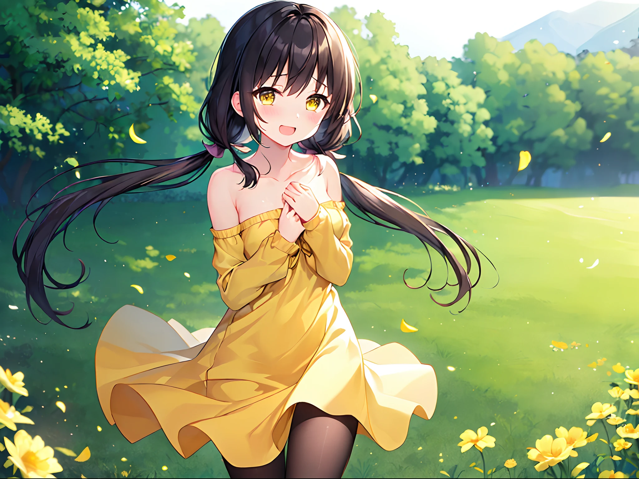 (top-quality、​masterpiece:1.5)、Beautiful girl alone、 student、cute little、shinny skin、(a smile)、(yellow  eyes)、Clearing the eyes、droopy eyes、tears、A dark-haired、((low twintails))、yellow hair tie、(yellow outfit)、(Fit clothing)、frilld、strapless、(Black tights)、Detached sleeve、background grassland、Colorful flowers、natural soft light、Put your hands on your chest、Slender feet、petals dancing in the wind