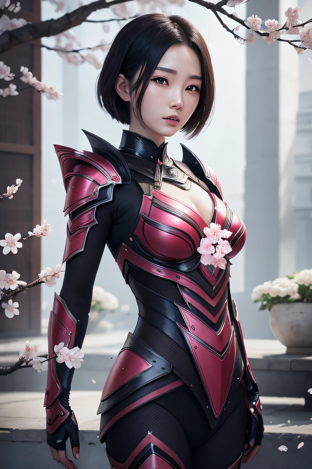 beautiful japanese young woman, wearing ninja armor, thick symmetrical features, very short hair, background is cherry blossoms, pink aura, red lips, octane render,