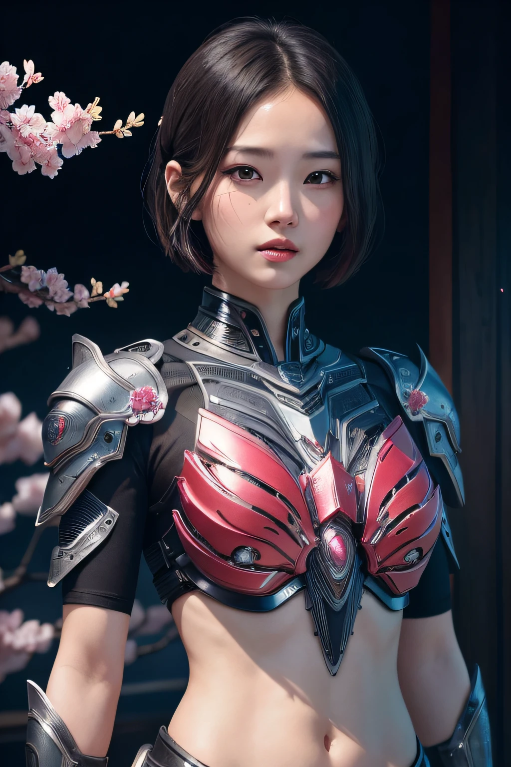 beautiful japanese young woman, wearing cyborg armor, thick symmetrical features, very short hair, background is cherry blossoms, pink aura, red lips, octane render,