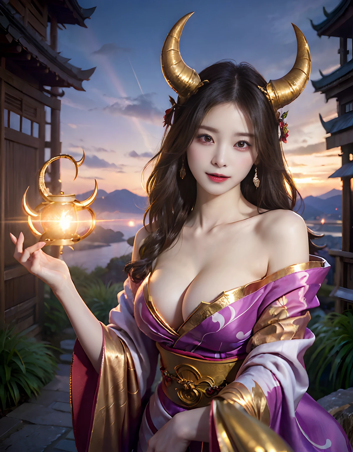 (((masutepiece,))),Professional , masterpiece、top-quality、photos realistic , depth of fields 、Raw photo、1a person、glowy skin、(sexypose)、(Maple in full bloom),(Ultimate Beauty)、A dark-haired、Mystical expression、ultrasharp、(a temple background),()、(shrine background)、(Kimono with a beautiful rainbow pattern)、(Night background)、Beautiful hair ornament on the head、,(intense fighting),((Precipitous cliffs)),(Wear a beautiful colorful kimono),(Wear a colorful and beautiful kimono)、(Japan Castle Background)、Jewel Gold Weapon、Particles of light),(intense fighting)、Gorgeous gold weapons ,Castle background、(( Gorgeous Dragon Sword)) , (a dark night),,(maikurobikini) 、((Black Haired Beautiful Girl))、(Castle background)、(demonic wings)、((Gangle's forest background))、Beautiful Caucasian beauty、1a person、dynamic ungle,(((Two devil's horns on the head)))、Smaller head、Idle Smile、Thin and beautiful female hands、Mystical expression、Light Effects、intense fighting、Wind-effect、magic circles、With the legendary magic wand、Dragon's tail、Anatomically correct fingers、Full Body Angle、Anatomically correct number of fingers、Full Body Angle、(cleavage of the breast)、